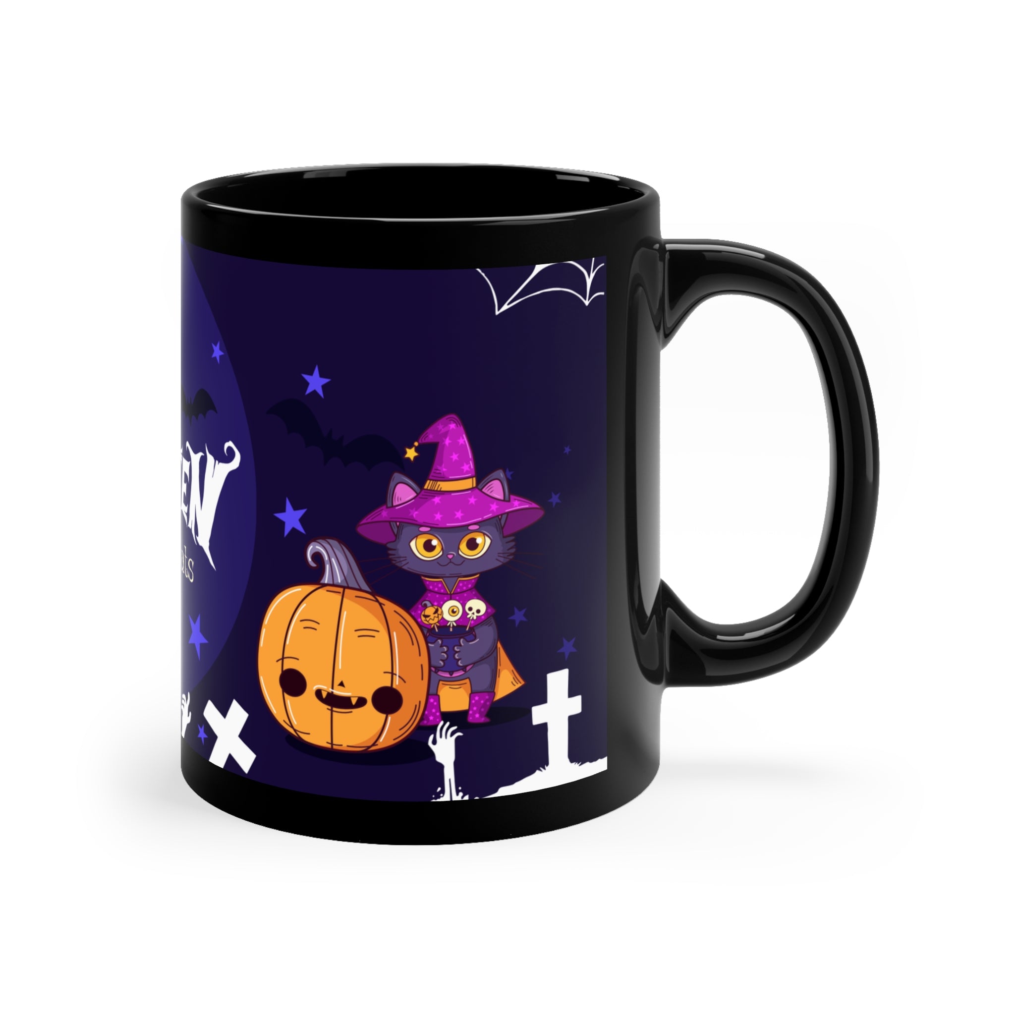 Happy Halloween with Witch's Cats | Black Coffee Mug