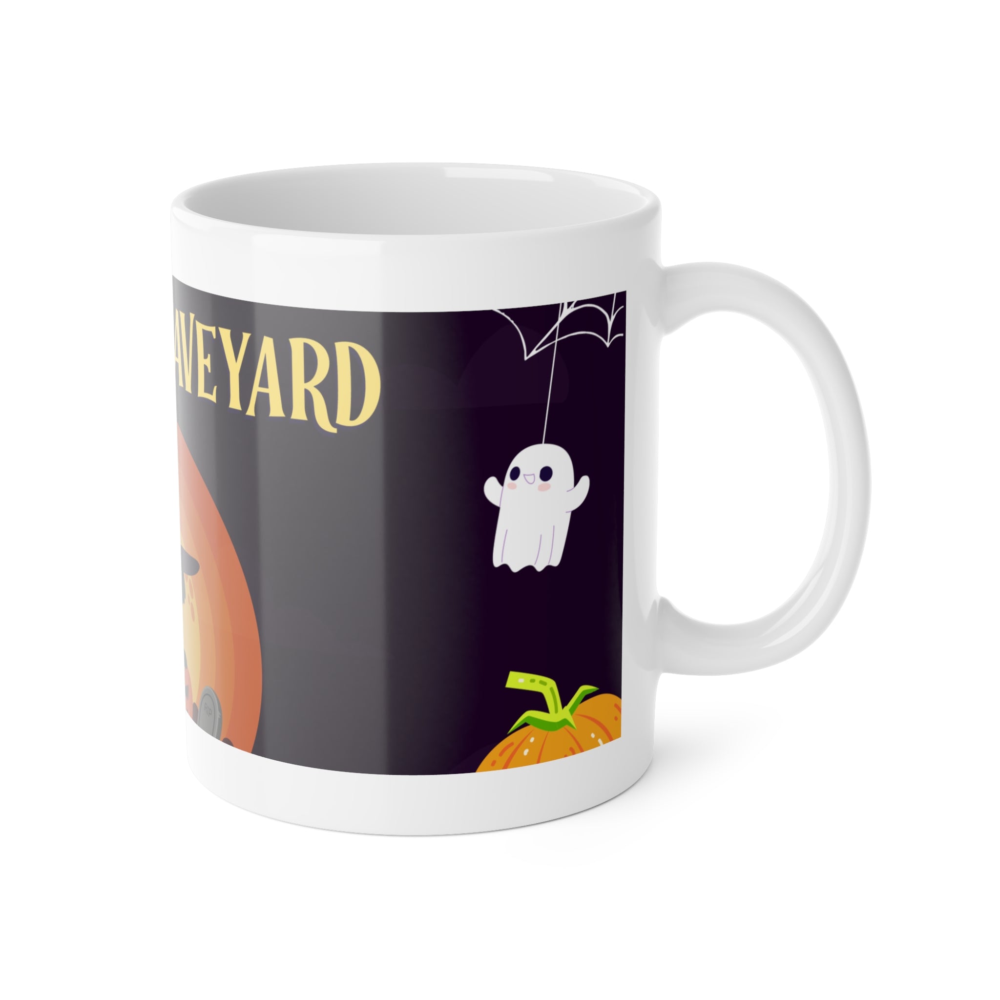 Creepy Graveyard Scene | Halloween Black Cat, Ghosts, and Pumpkins | White Ceramic Mug