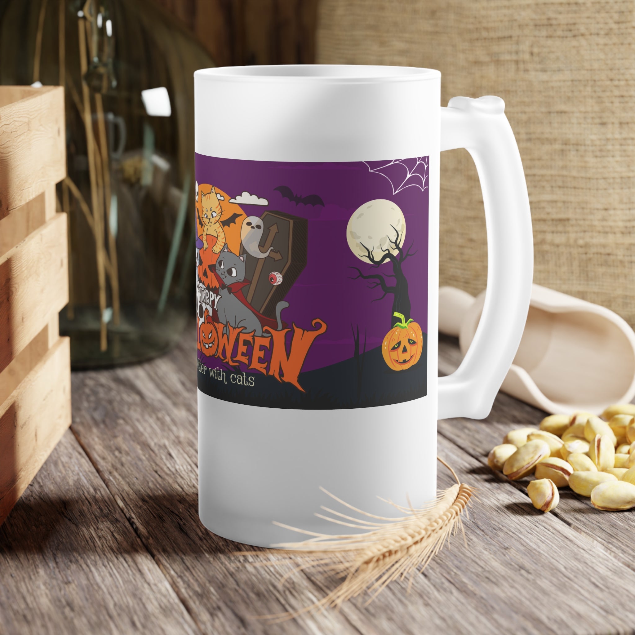 Happy Halloween is Better with Cats | Frosted Glass Beer Mug