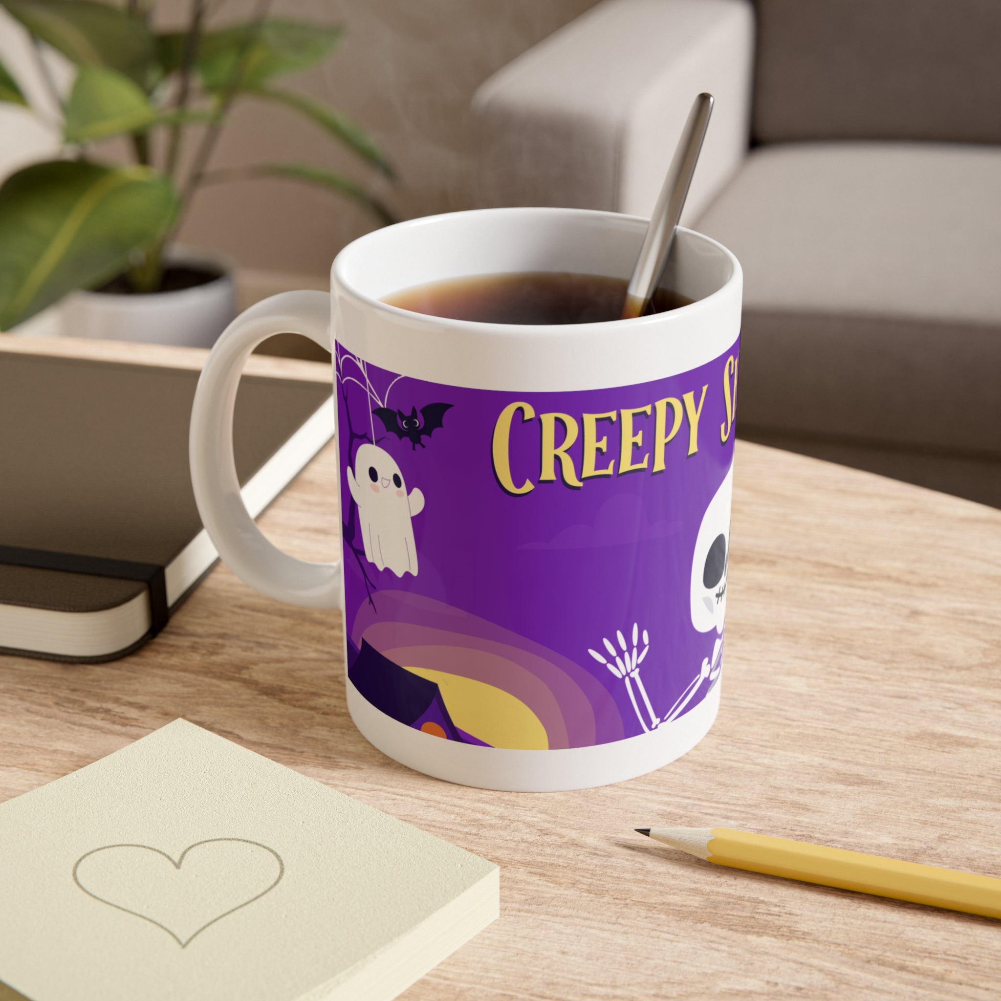 Creepy Skeletons in a Haunted Graveyard | Halloween Bats and Ghosts | White Ceramic Mug