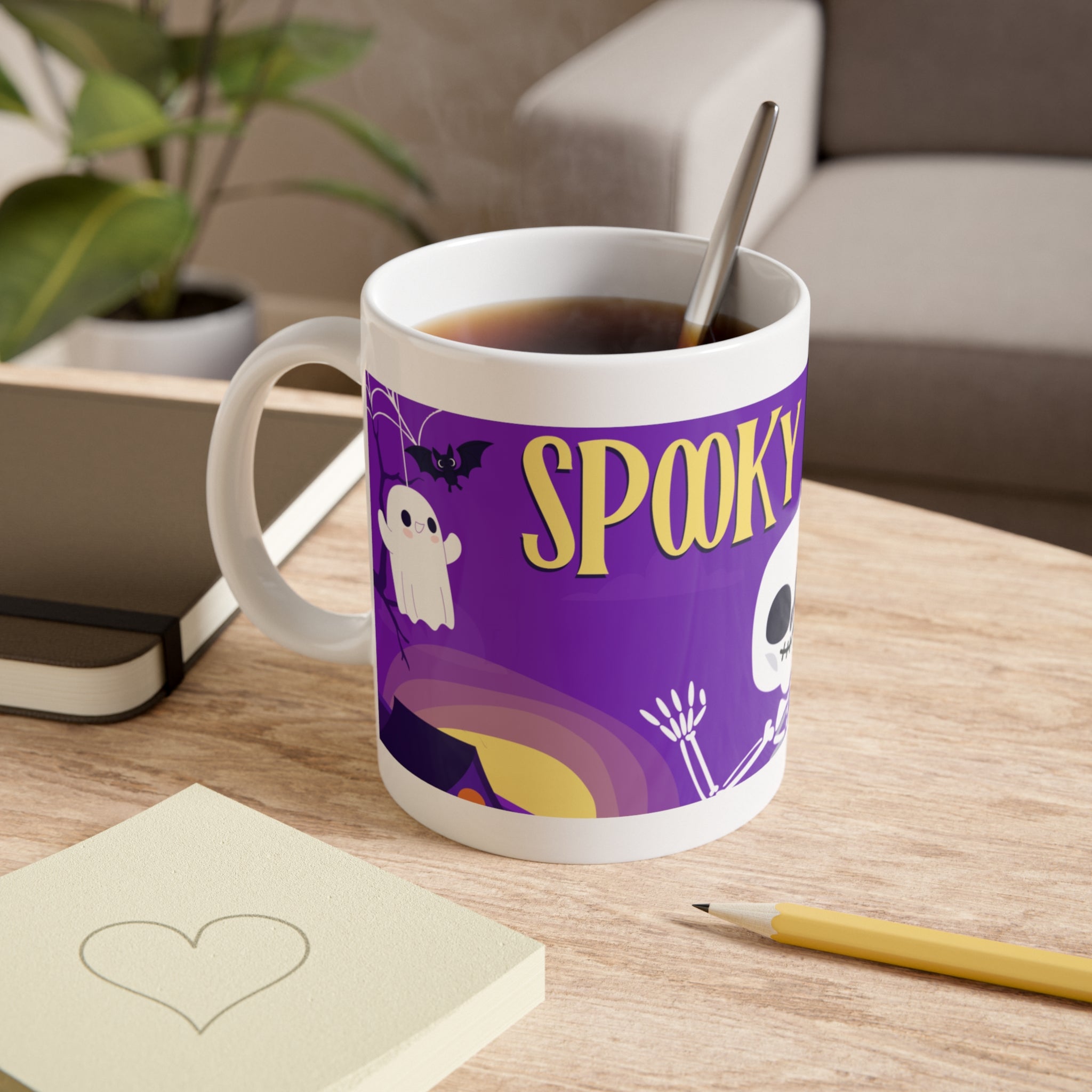 Spooky Night Skeleton | Haunted Graveyard with Ghosts and Bats | White Ceramic Mug