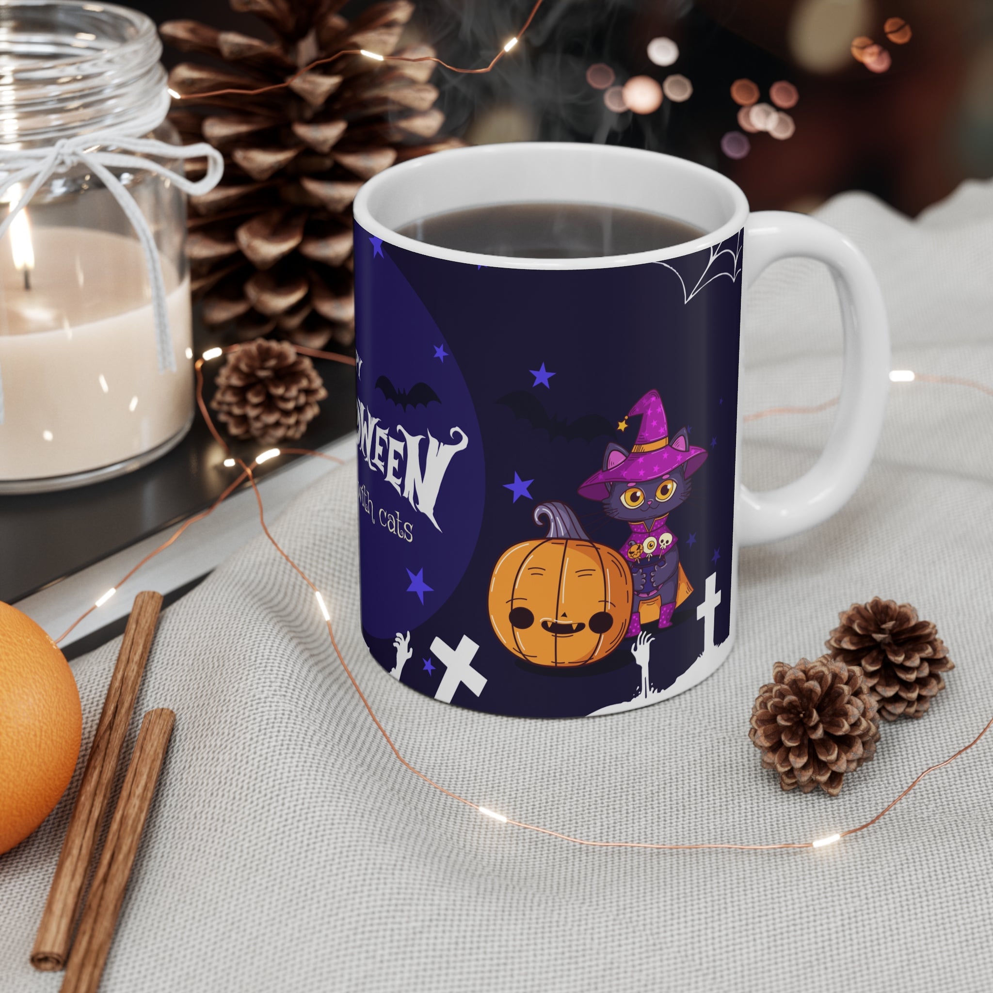Happy Halloween with Witch's Cats | White Mug