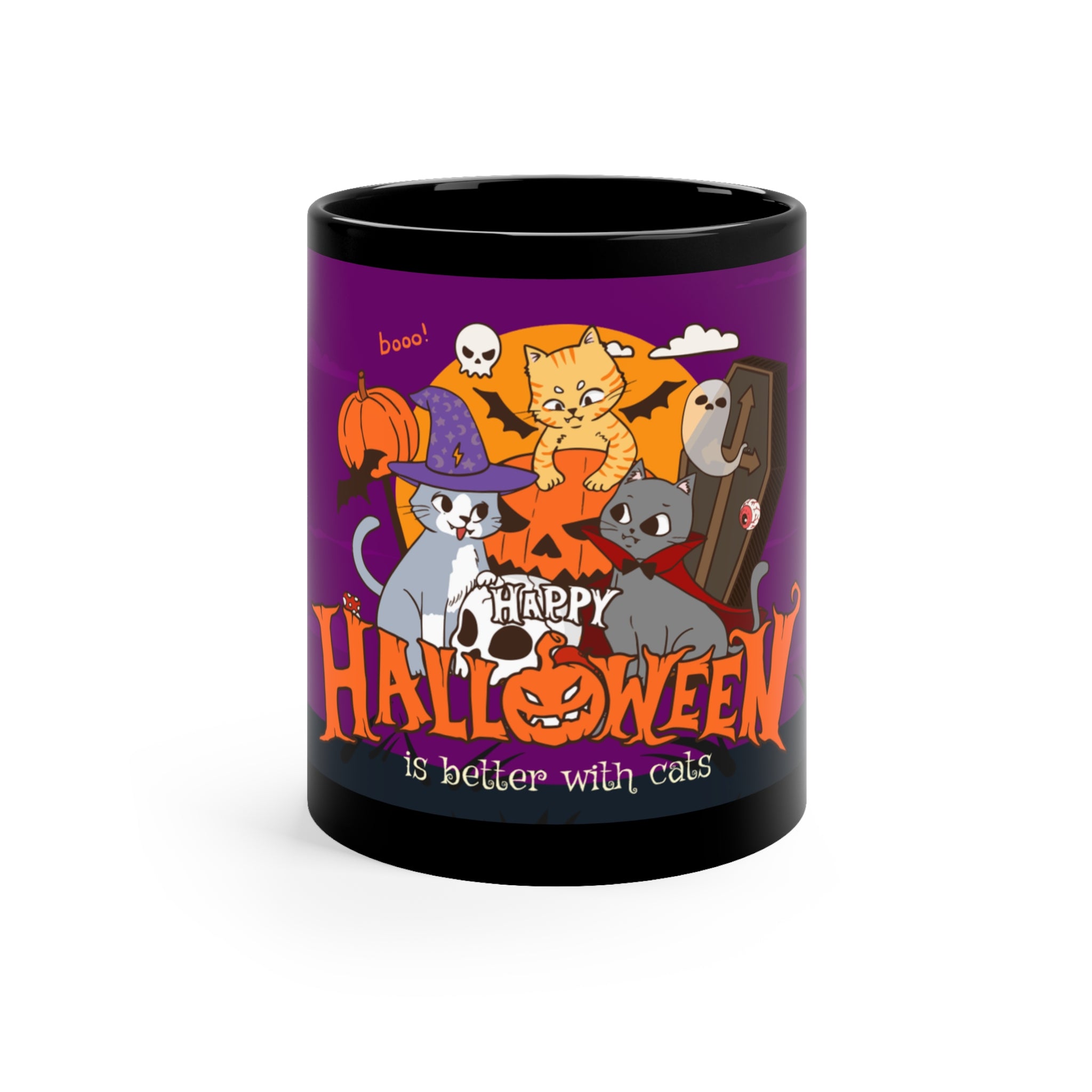 Happy Halloween is Better with Cats | Black Coffee Mug