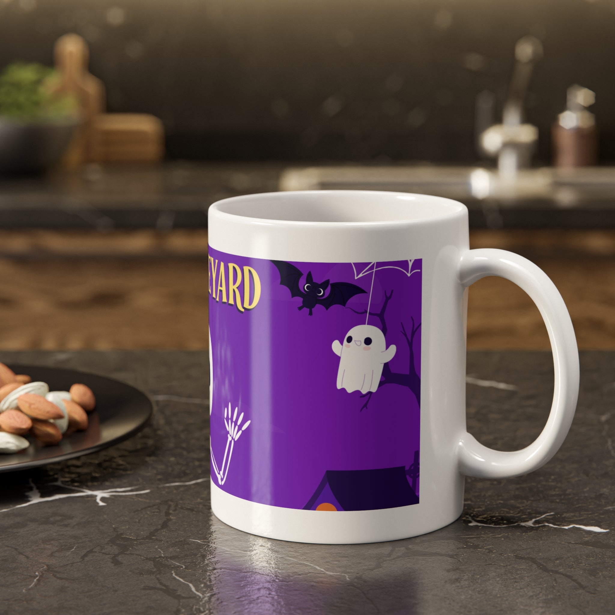 Creepy Graveyard with Halloween Skeleton | White Ceramic Mug