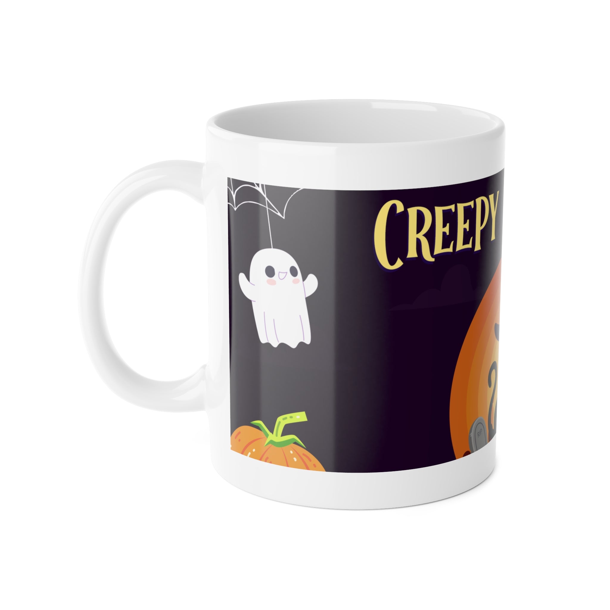Creepy Graveyard Scene | Halloween Black Cat, Ghosts, and Pumpkins | White Ceramic Mug