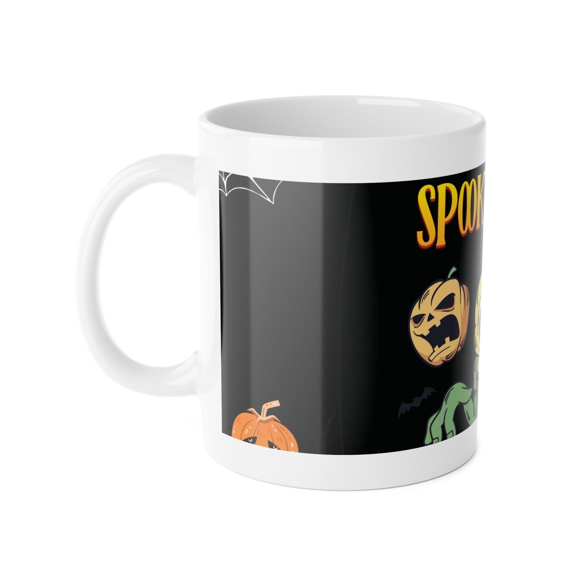 Spooky Night with Skeletons and Ghosts | Halloween Pumpkins and Bats | White Ceramic Mug