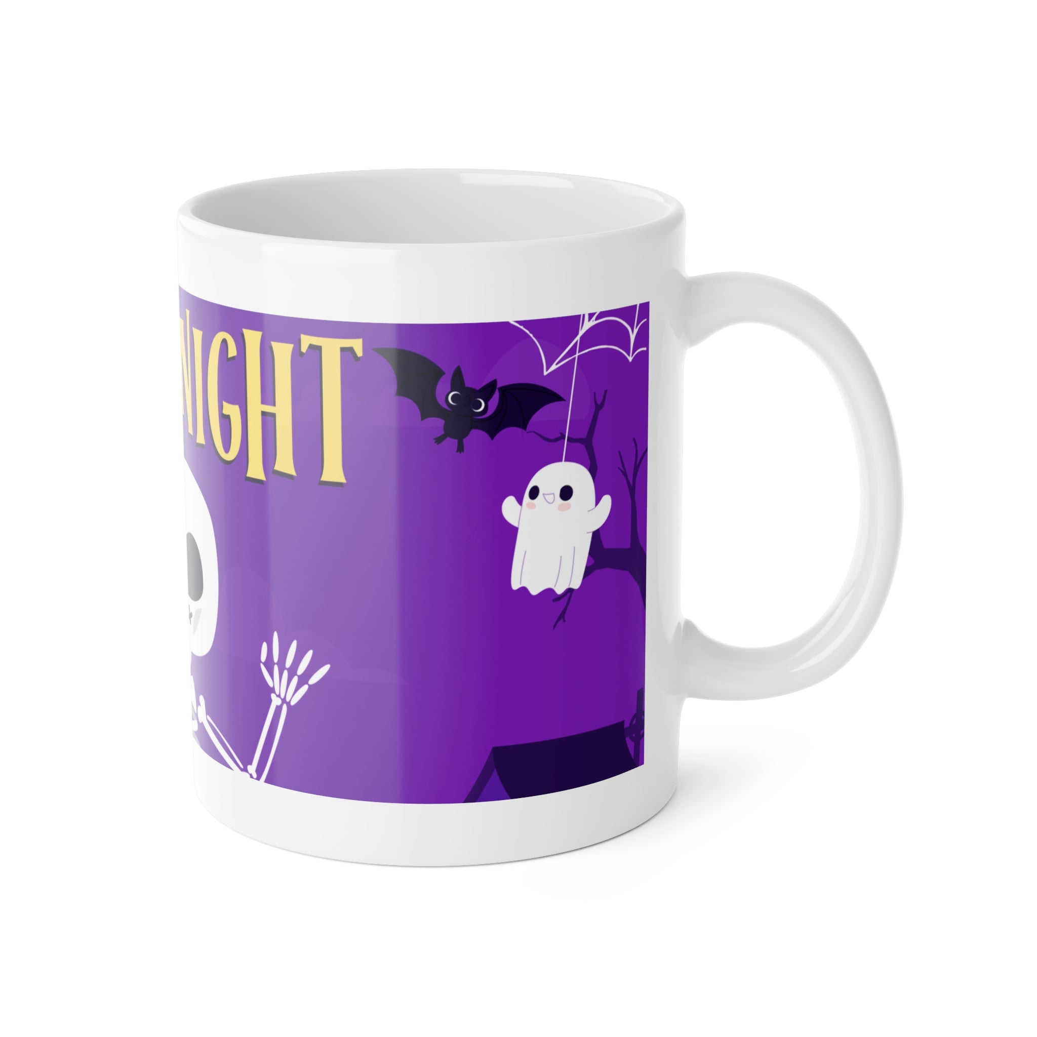 Spooky Night Skeleton | Haunted Graveyard with Ghosts and Bats | White Ceramic Mug