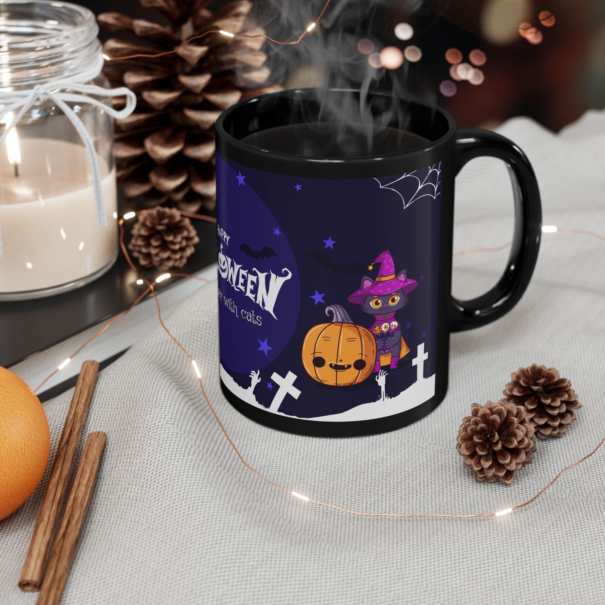 Happy Halloween with Witch's Cats | Black Mug
