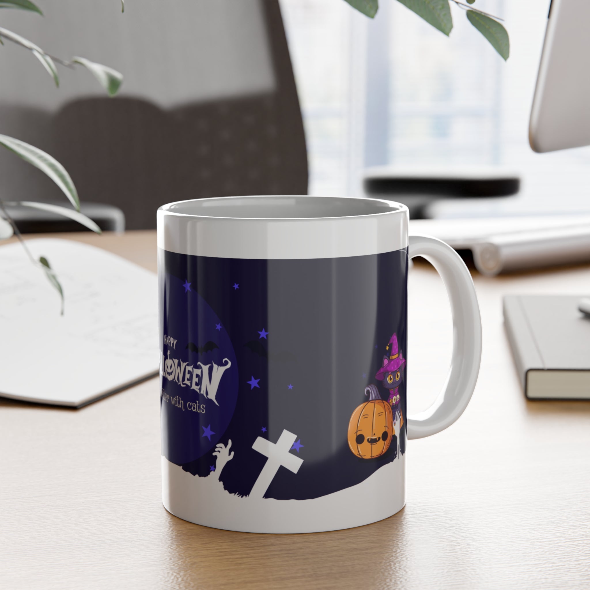 Happy Halloween with Witch's Cats | White Ceramic Mug