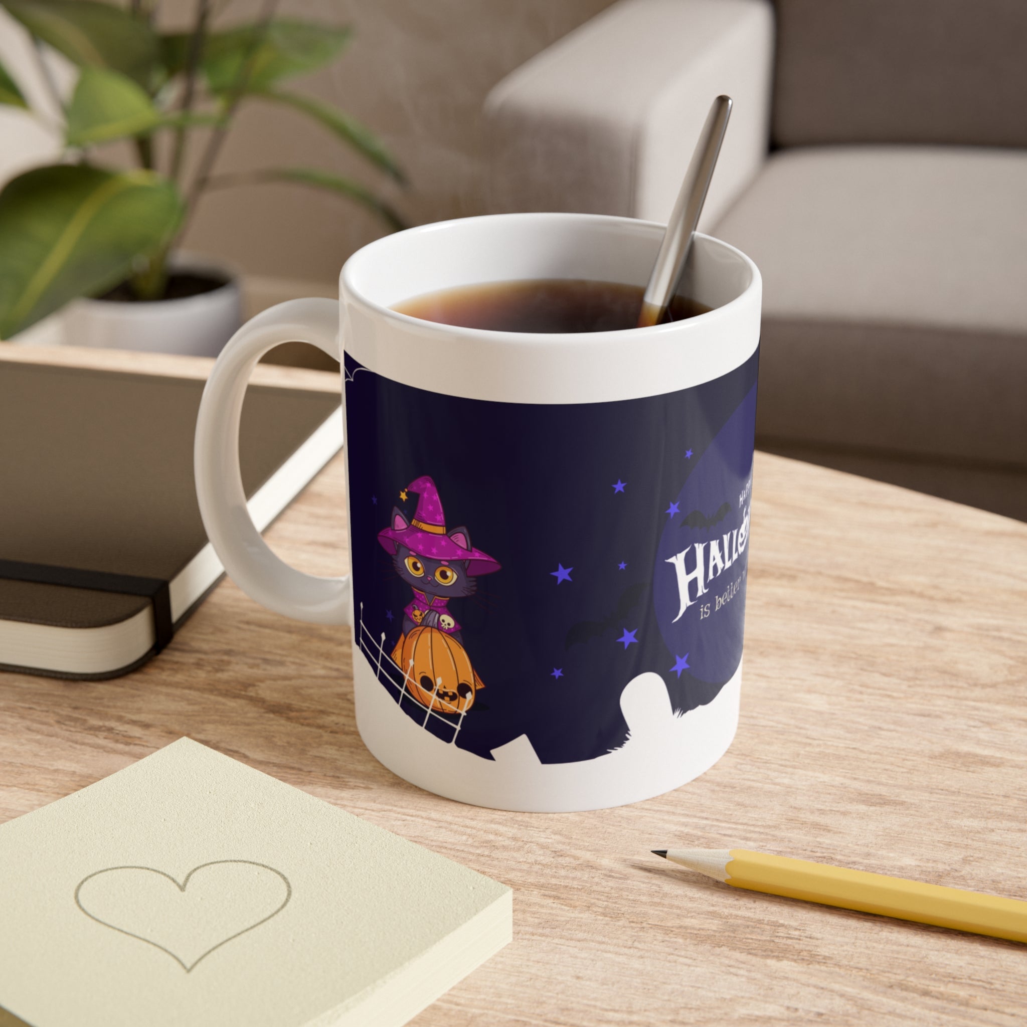 Happy Halloween with Witch's Cats | White Ceramic Mug
