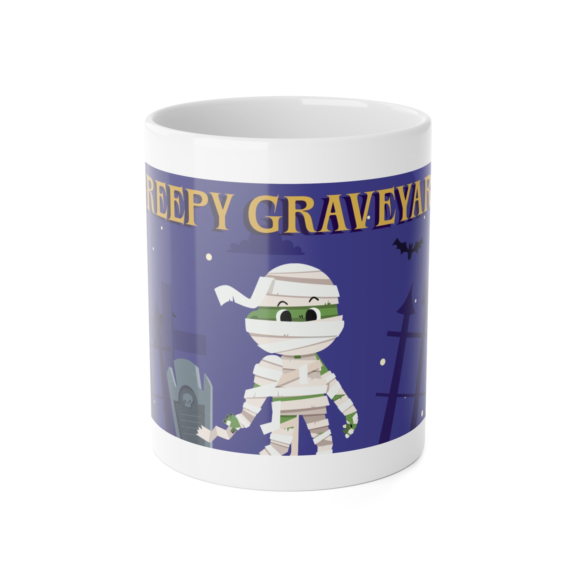 Creepy Graveyard Halloween | Mummy, Tombstone, and Full Moon | White Ceramic Mug