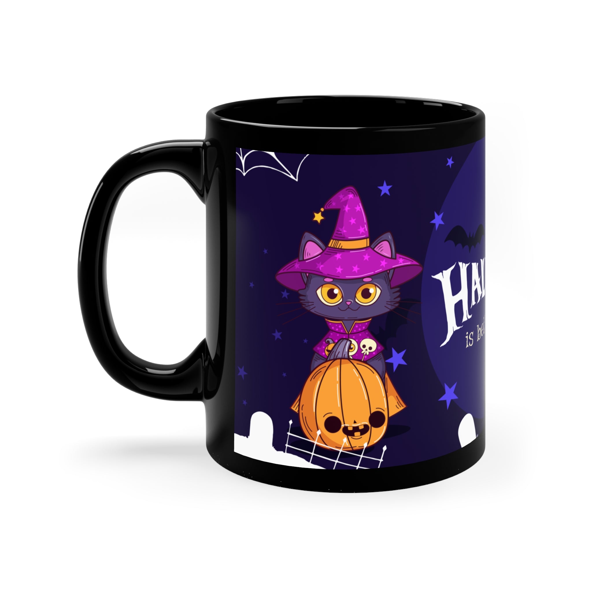Happy Halloween with Witch's Cats | Black Coffee Mug