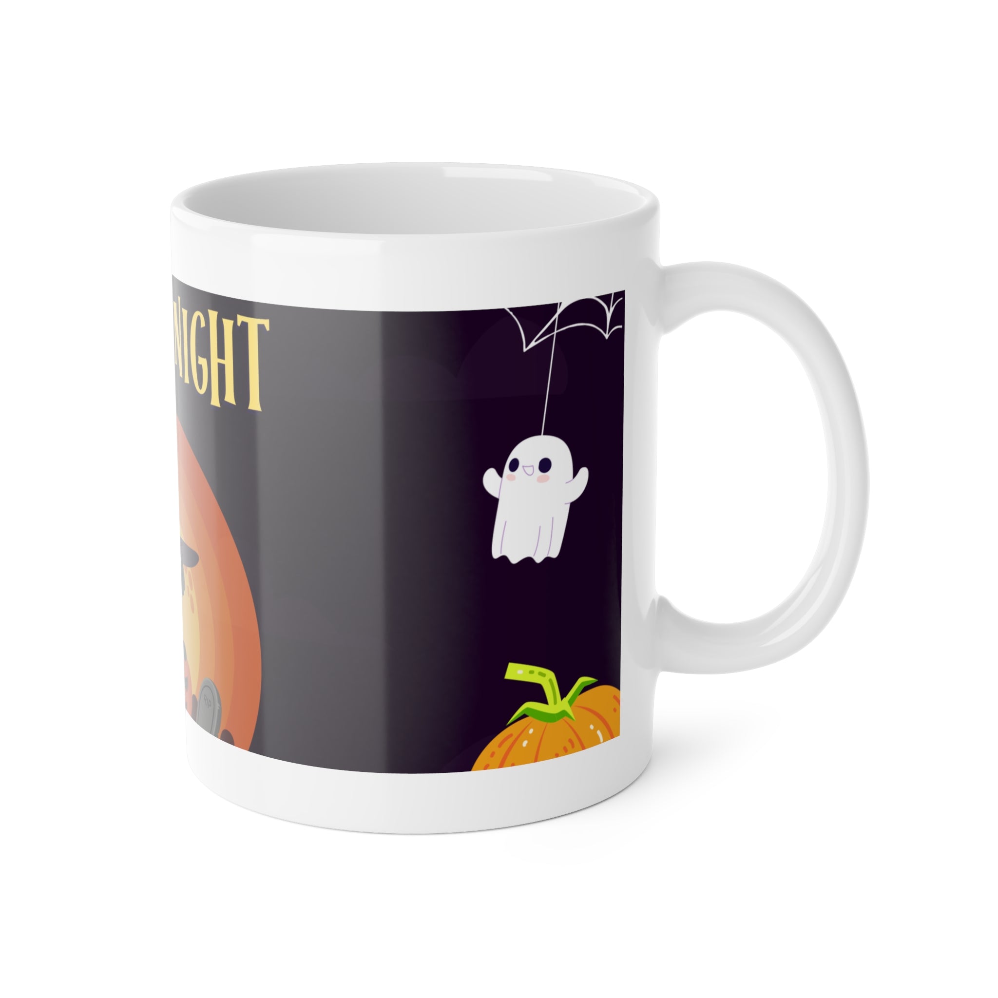 Spooky Night in a Creepy Graveyard | Halloween Black Cat, Ghosts, and Pumpkins | White Ceramic Mug