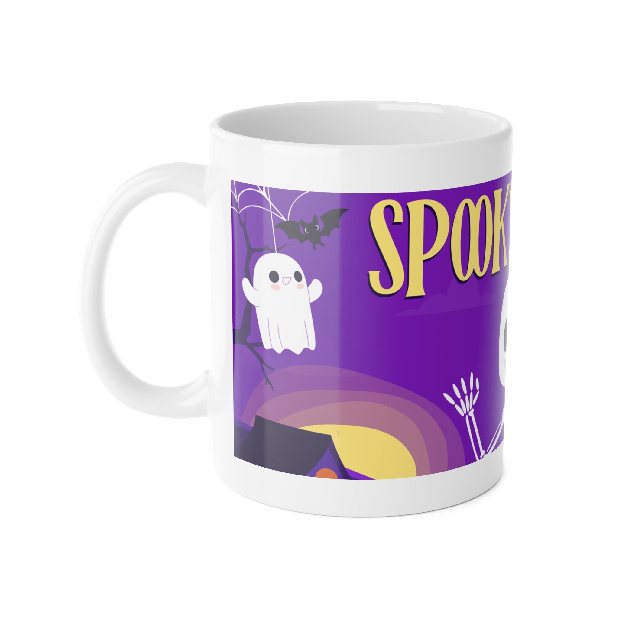 Spooky Night Skeleton | Haunted Graveyard with Ghosts and Bats | White Ceramic Mug