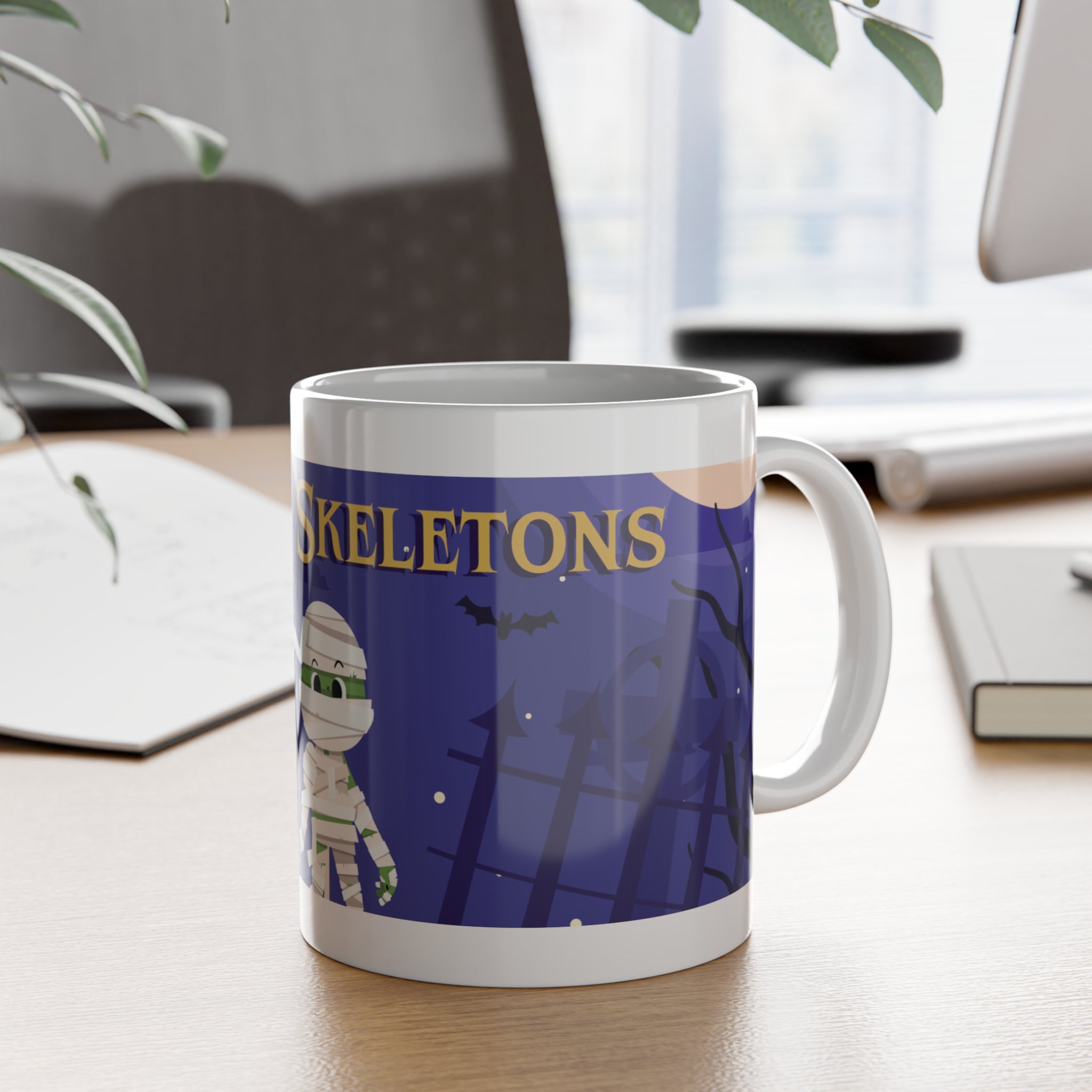 Creepy Skeletons and Mummy | Spooky Halloween Graveyard Scene | White Ceramic Mug