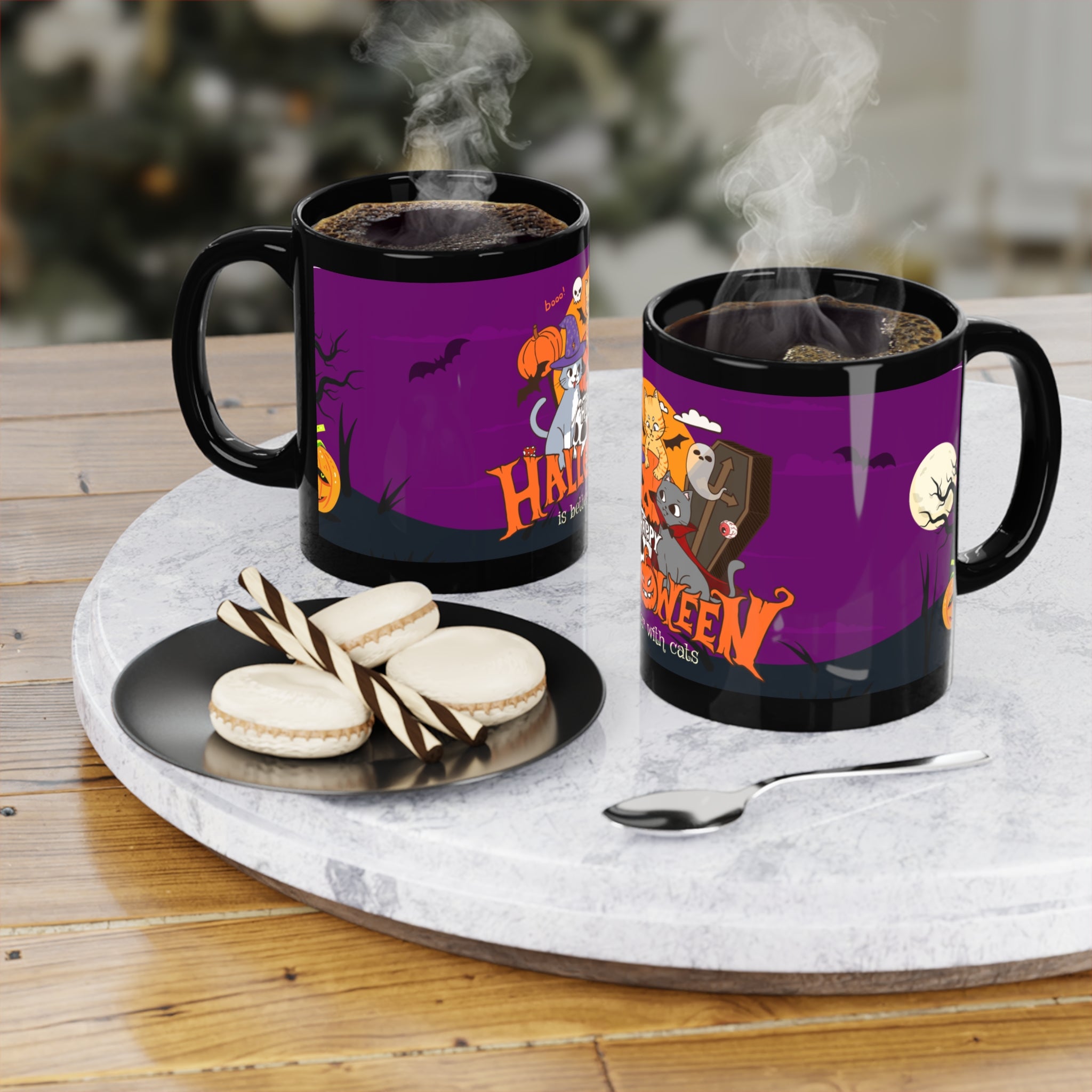 Happy Halloween is Better with Cats | Black Coffee Mug