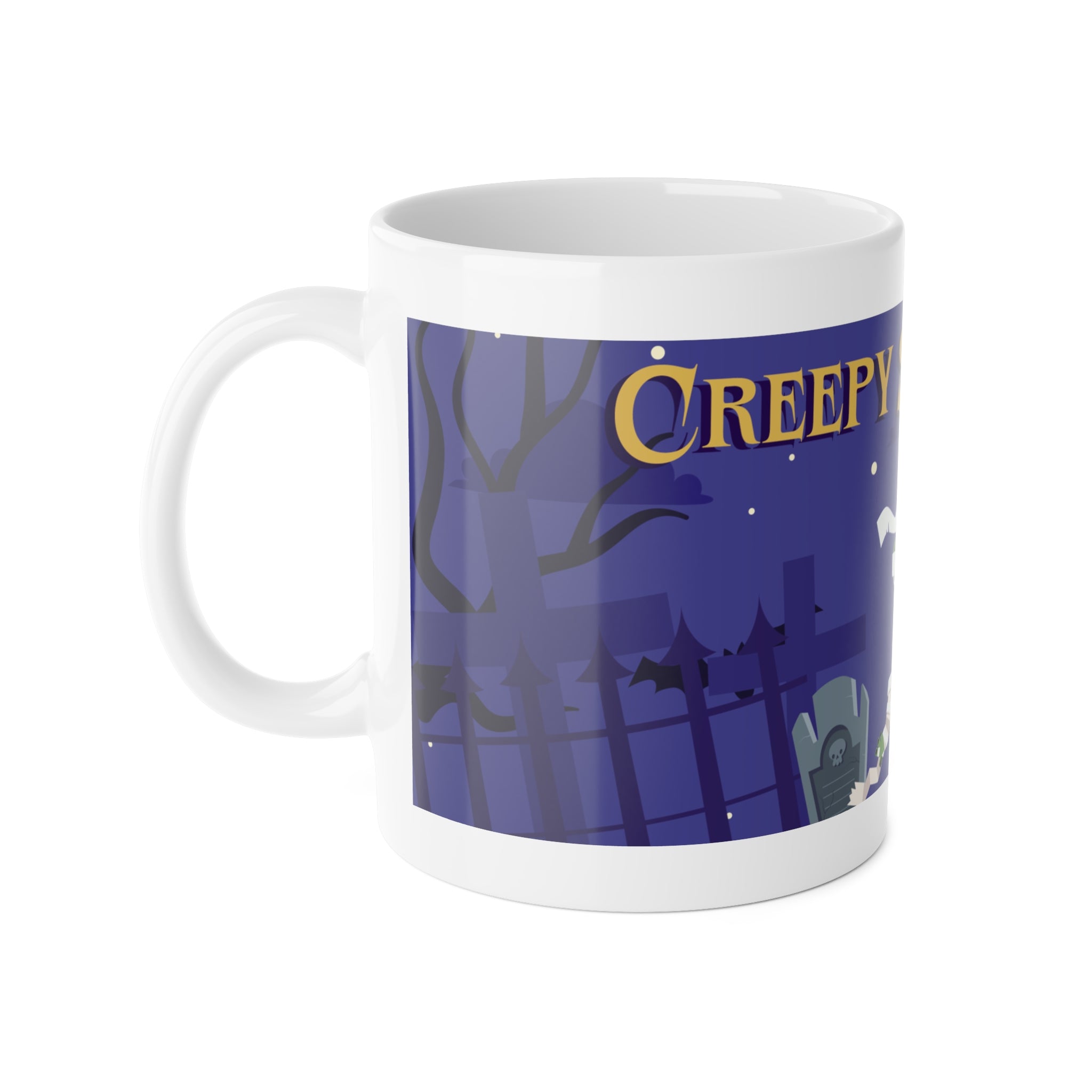 Creepy Skeletons and Mummy | Spooky Halloween Graveyard Scene | White Ceramic Mug