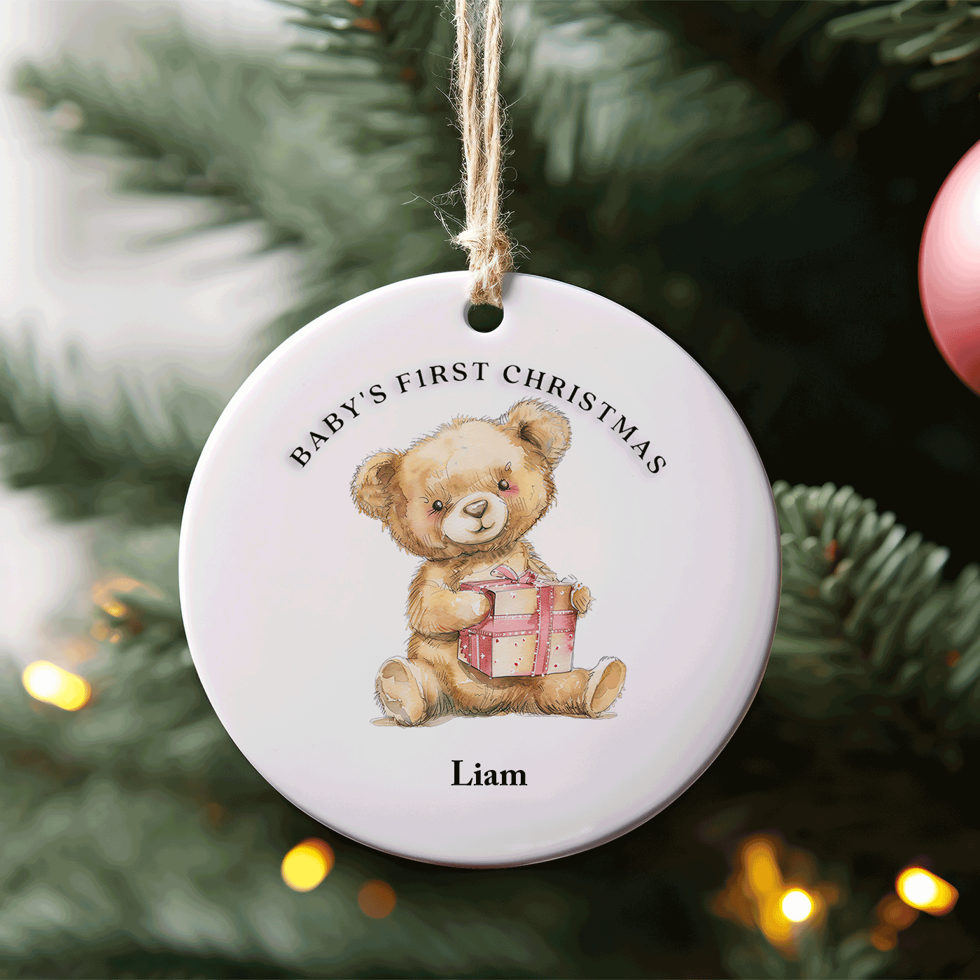 Baby's First Christmas | Cute Teddy Bear with Gift | Ceramic Ornaments