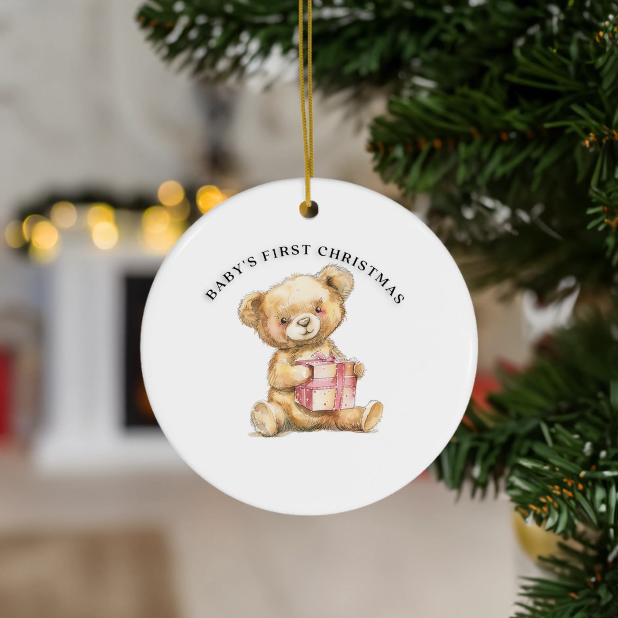 Baby's First Christmas | Cute Teddy Bear with Gift | Ceramic Ornaments