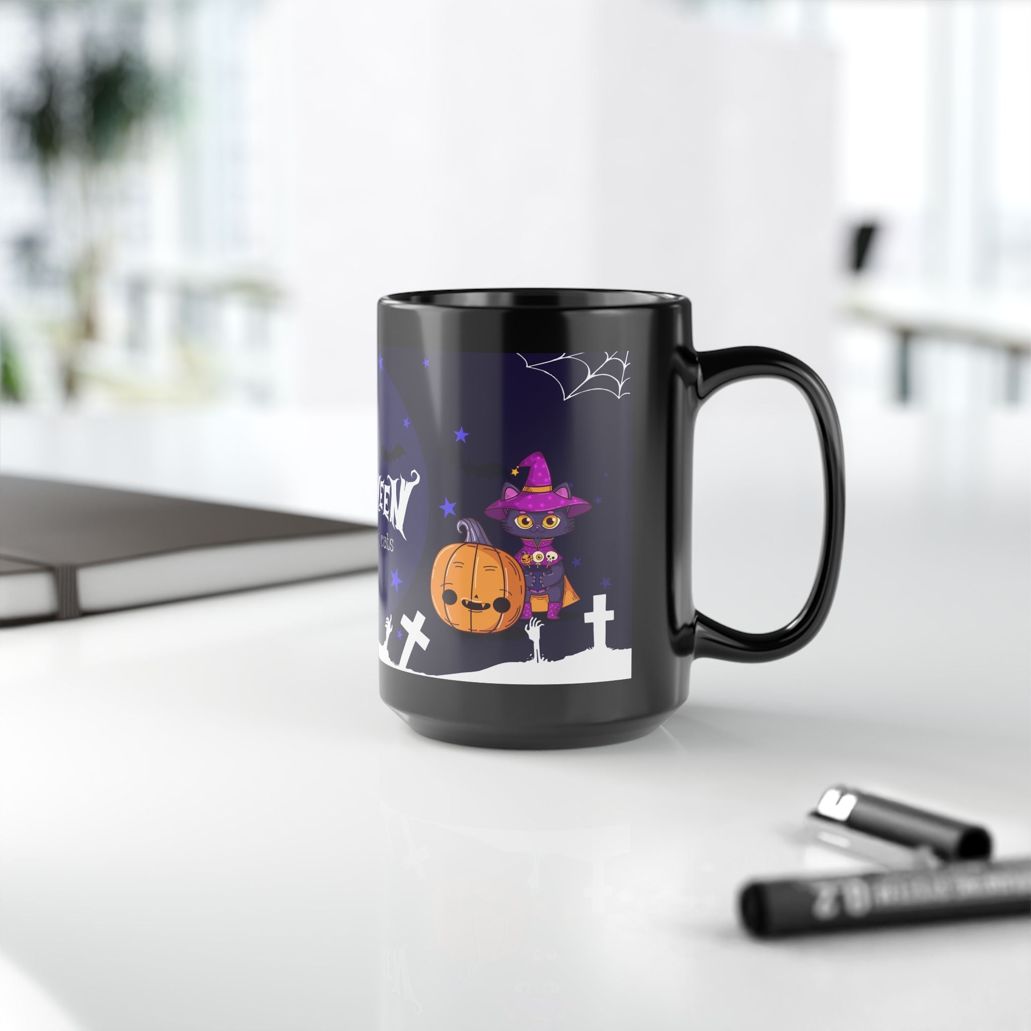 Happy Halloween with Witch's Cats | Black Mug