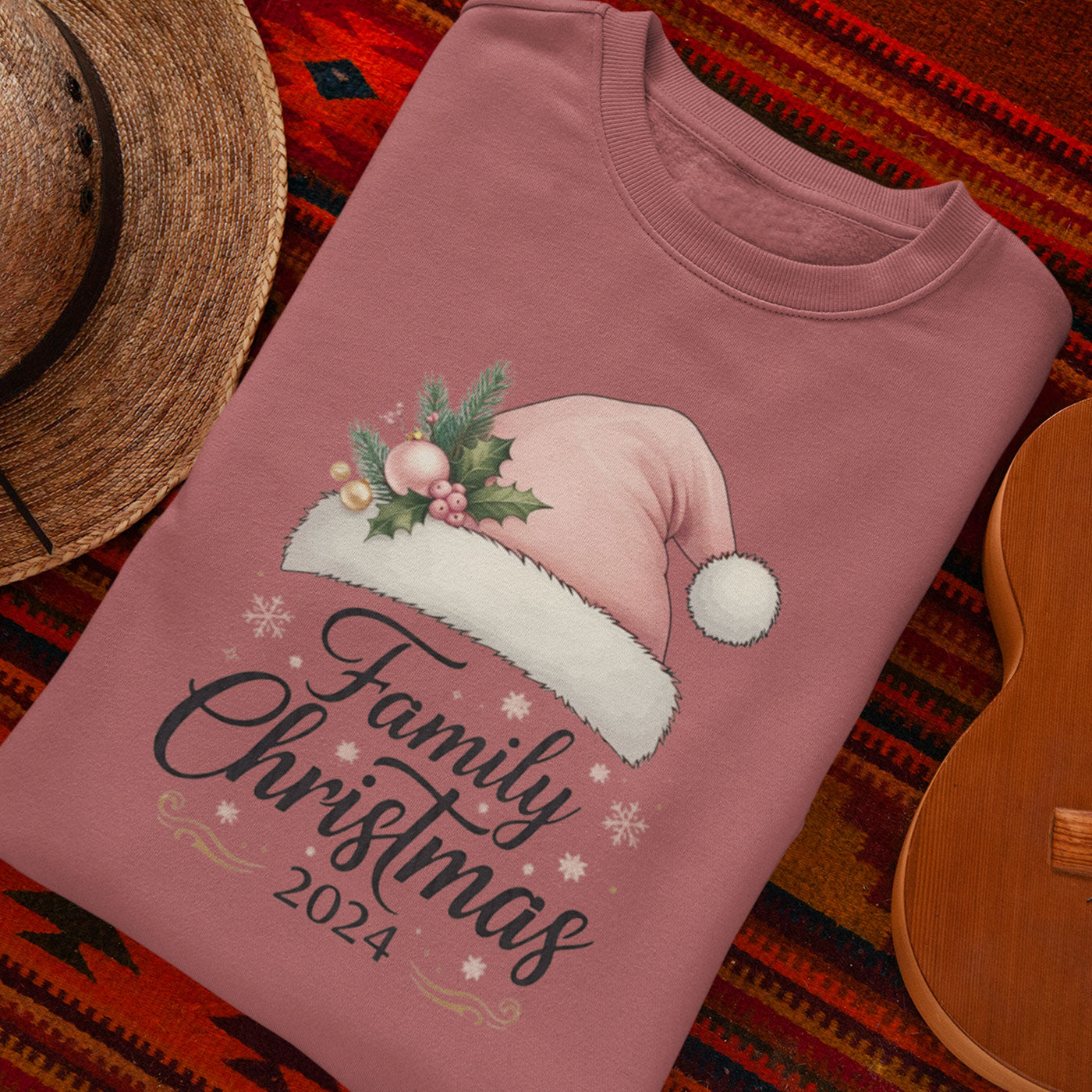 Family Christmas 2024 | Elegant Pink Santa Hat | Unisex Crewneck Sweatshirts