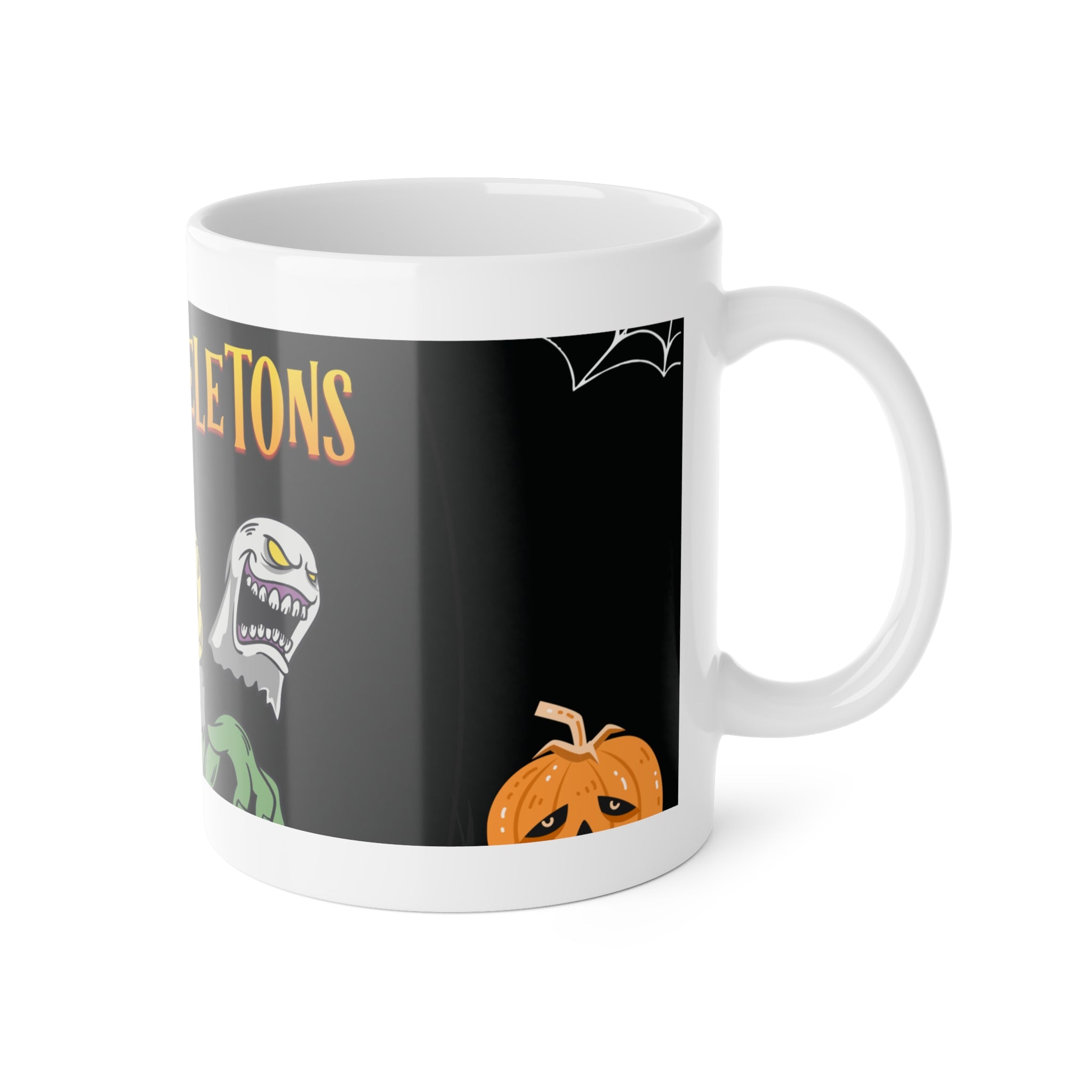 Creepy Skeletons and Ghosts | Spooky Halloween with Pumpkins | White Ceramic Mug