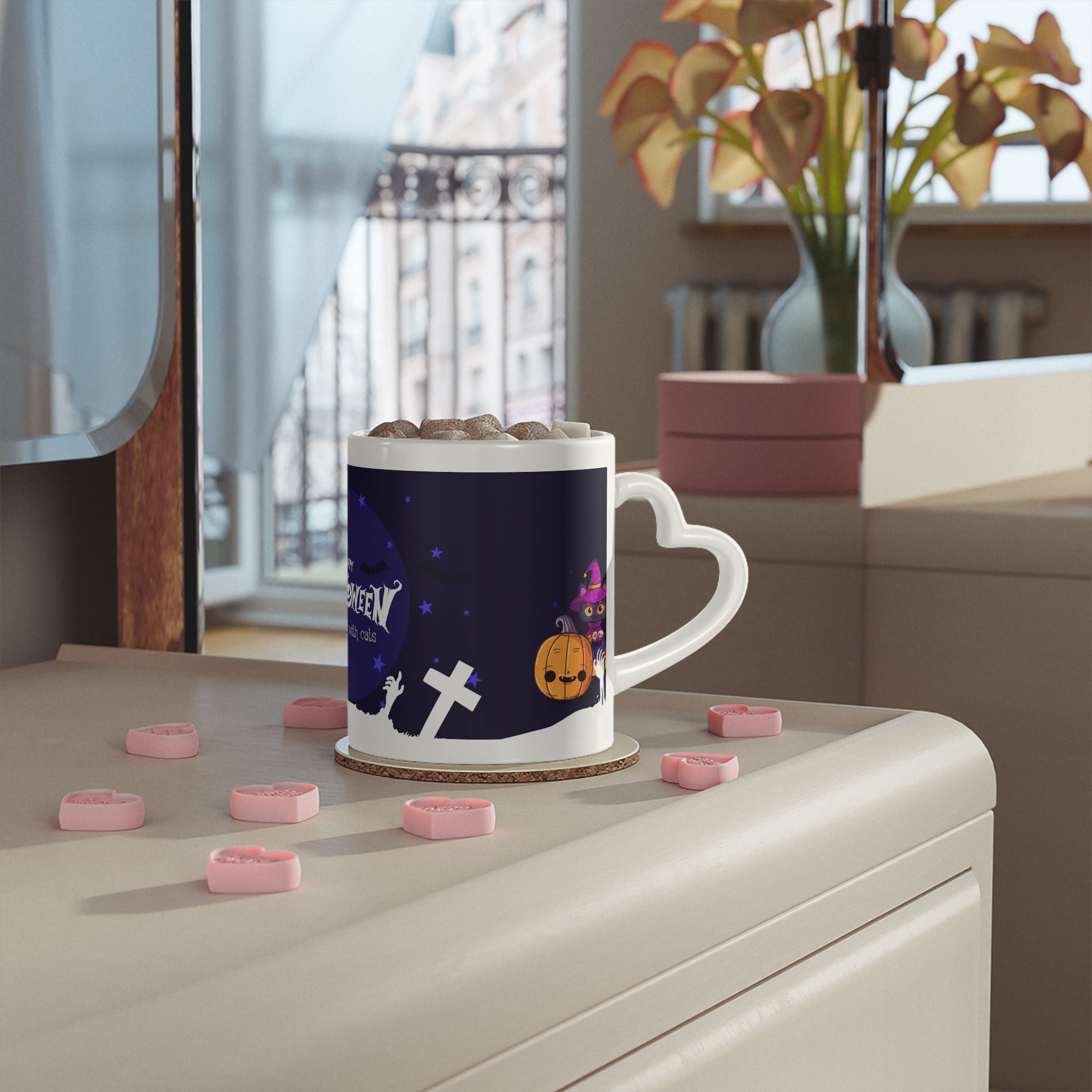 Happy Halloween with Witch's Cats | Heart-Shaped Mug
