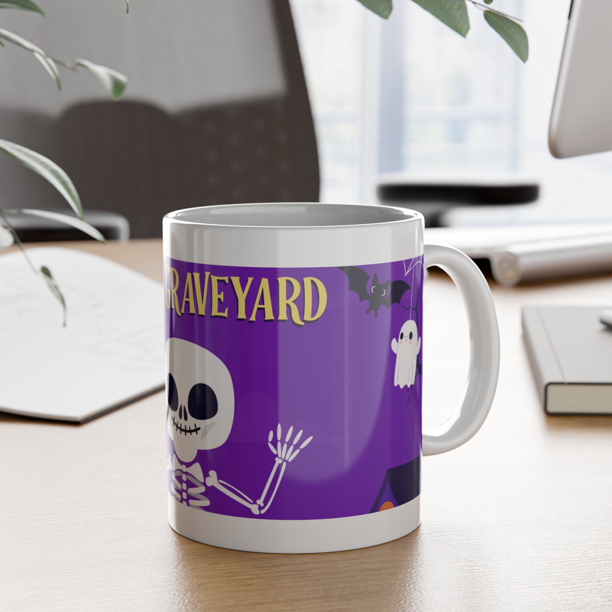 Creepy Graveyard with Halloween Skeleton | White Ceramic Mug