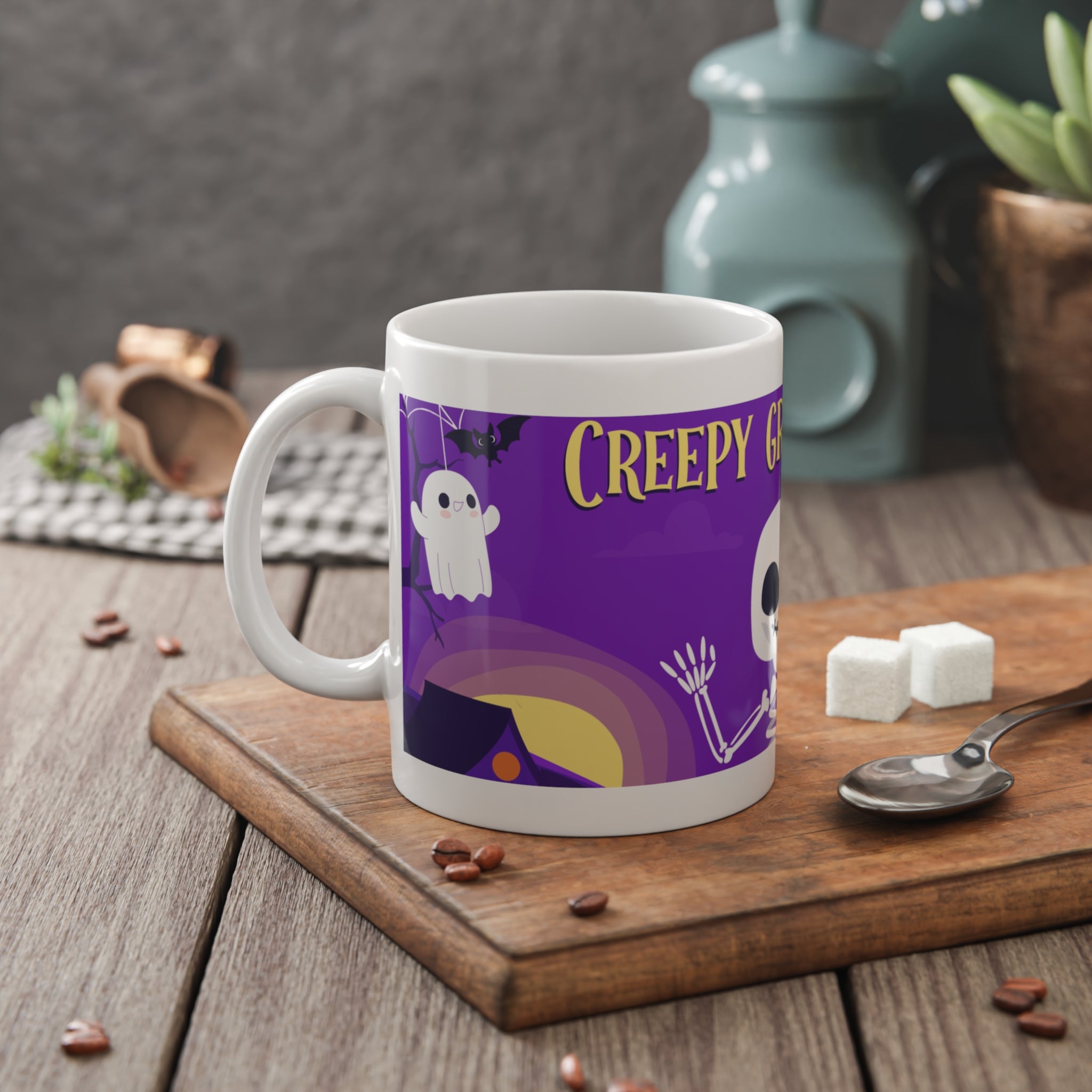 Creepy Graveyard with Halloween Skeleton | White Ceramic Mug