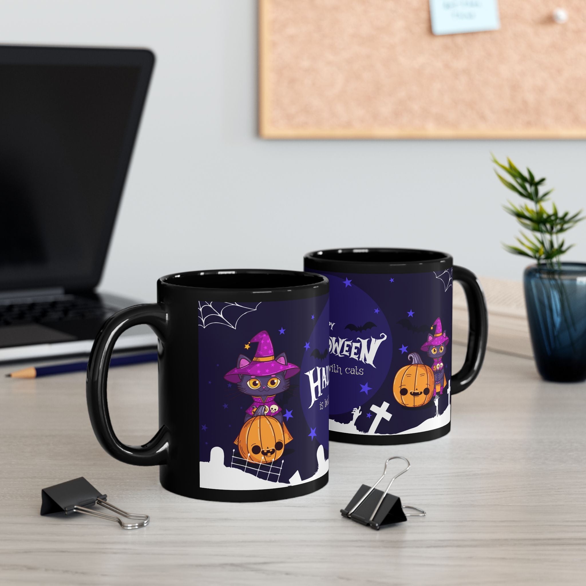 Happy Halloween with Witch's Cats | Black Mug