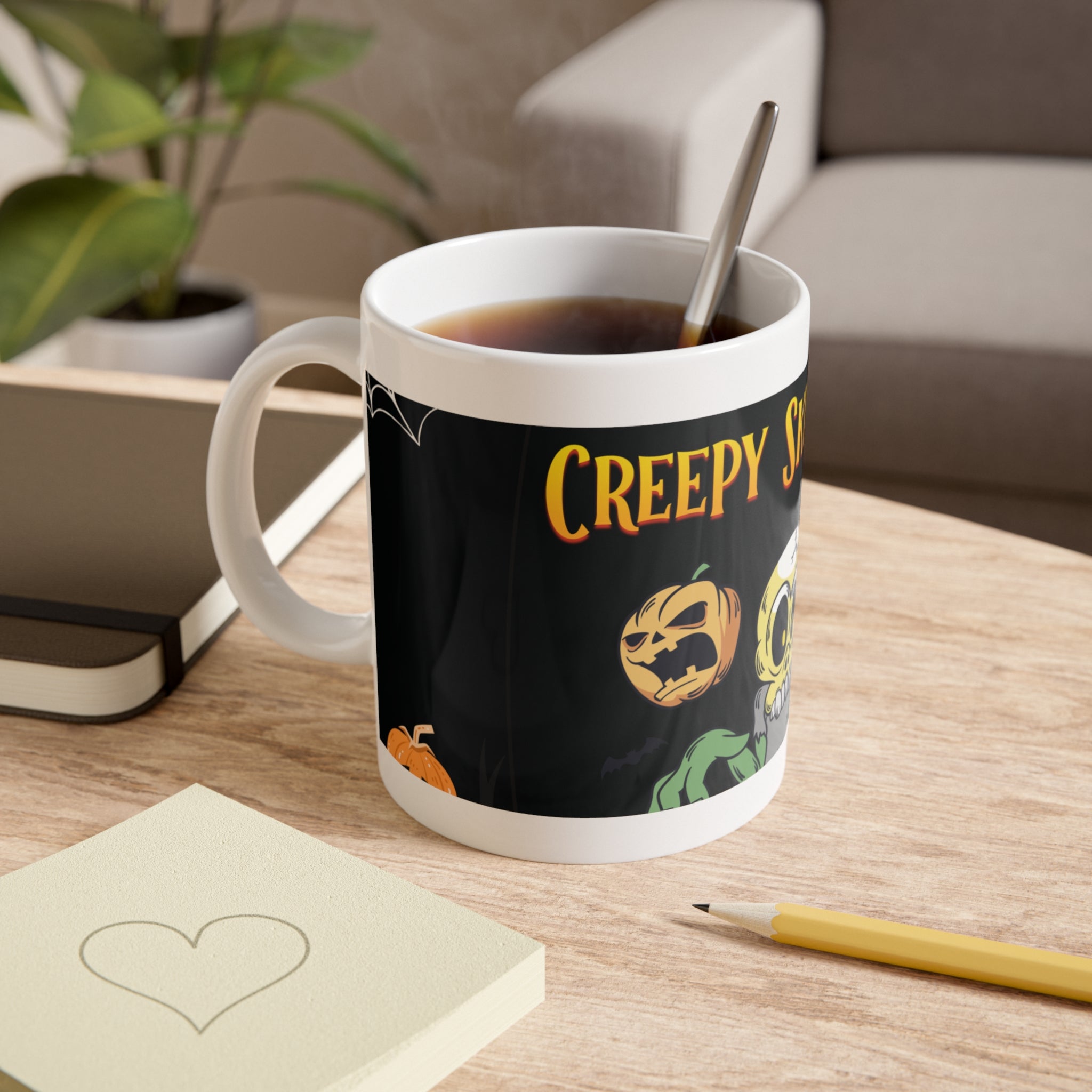 Creepy Skeletons and Ghosts | Spooky Halloween with Pumpkins | White Ceramic Mug