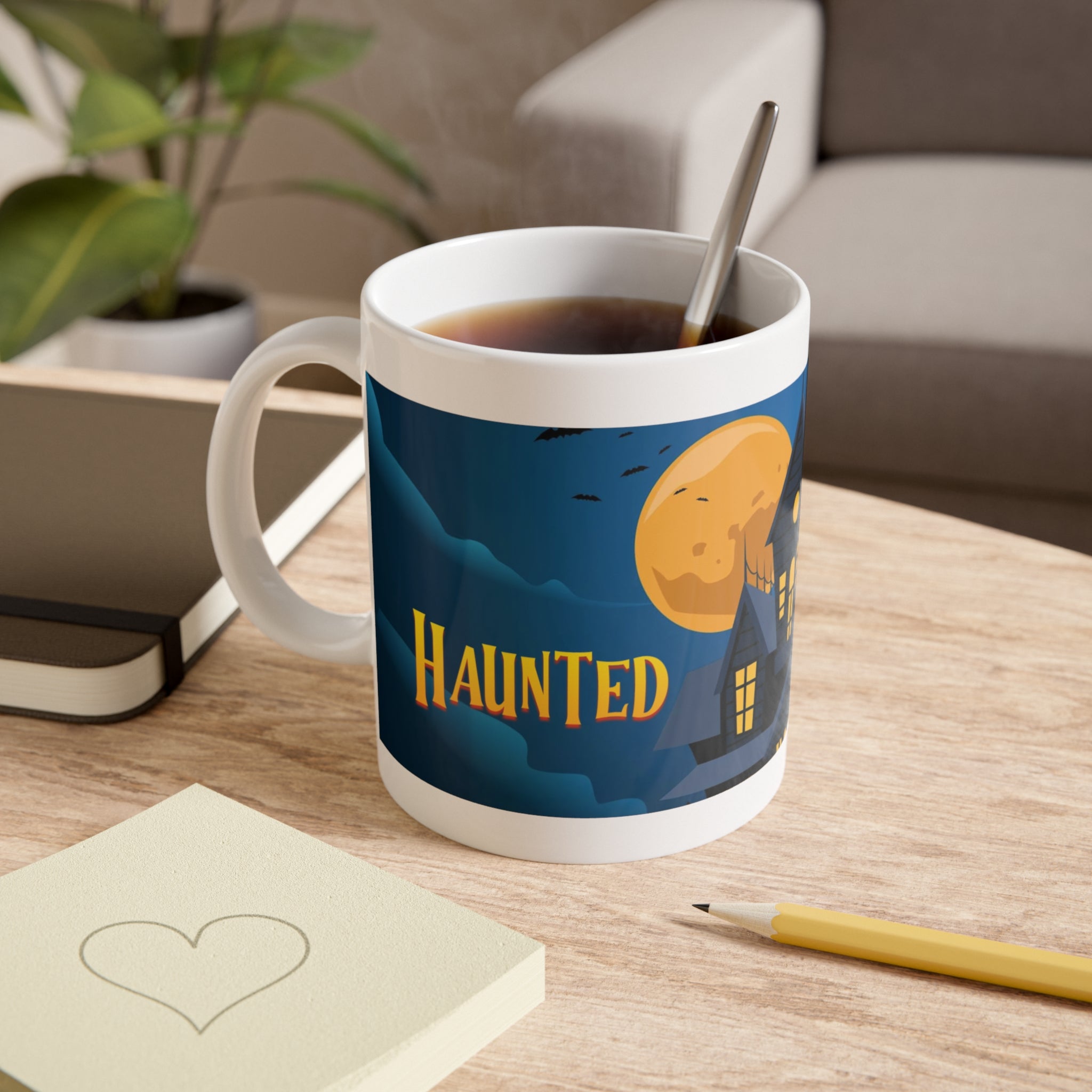 Haunted House Under Full Moon | Halloween Night with Bats | White Ceramic Mug