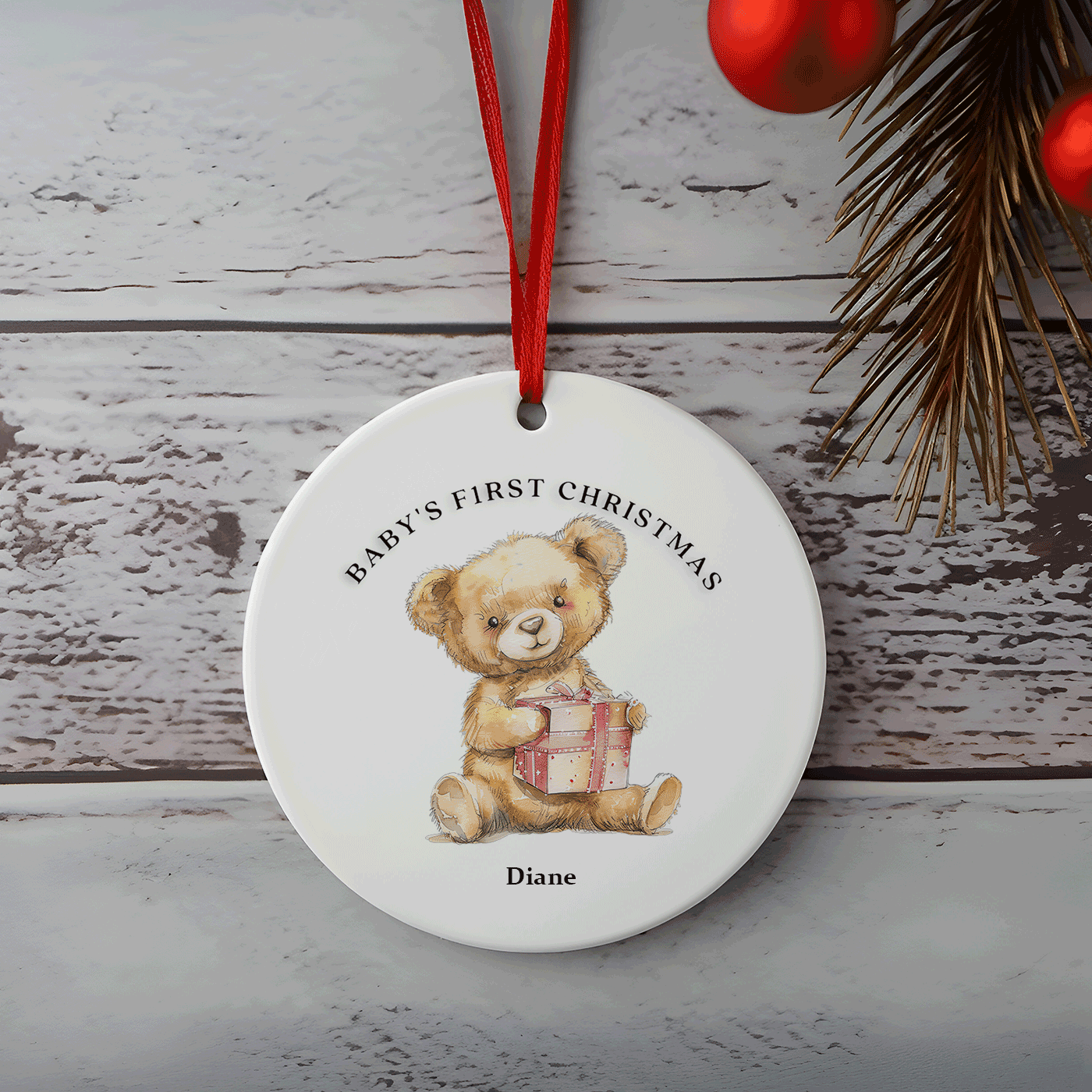 Baby's First Christmas | Cute Teddy Bear with Gift | Ceramic Ornaments