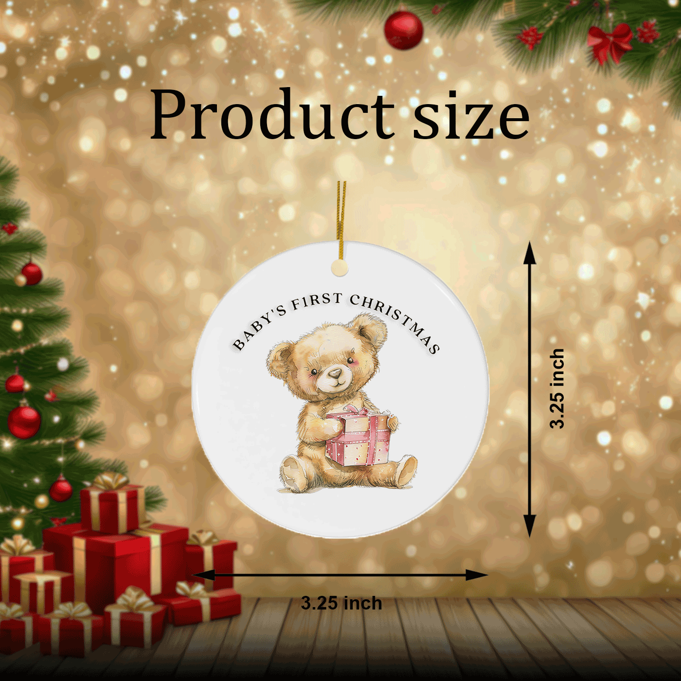 Baby's First Christmas | Cute Teddy Bear with Gift | Ceramic Ornaments