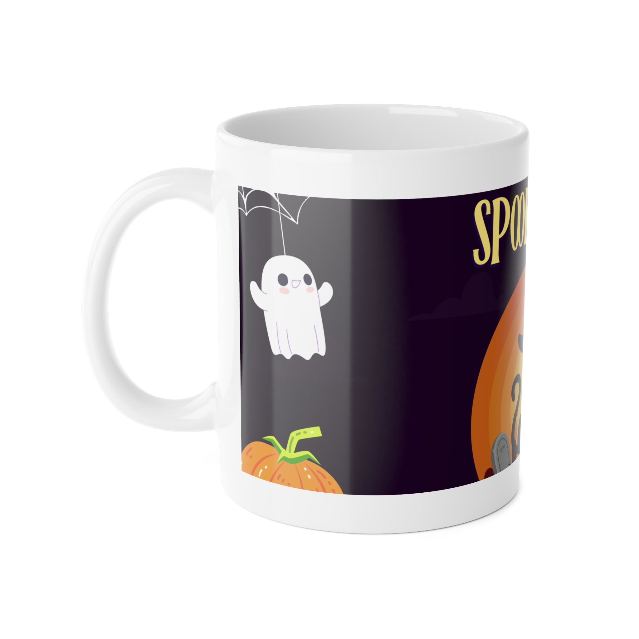 Spooky Night in a Creepy Graveyard | Halloween Black Cat, Ghosts, and Pumpkins | White Ceramic Mug