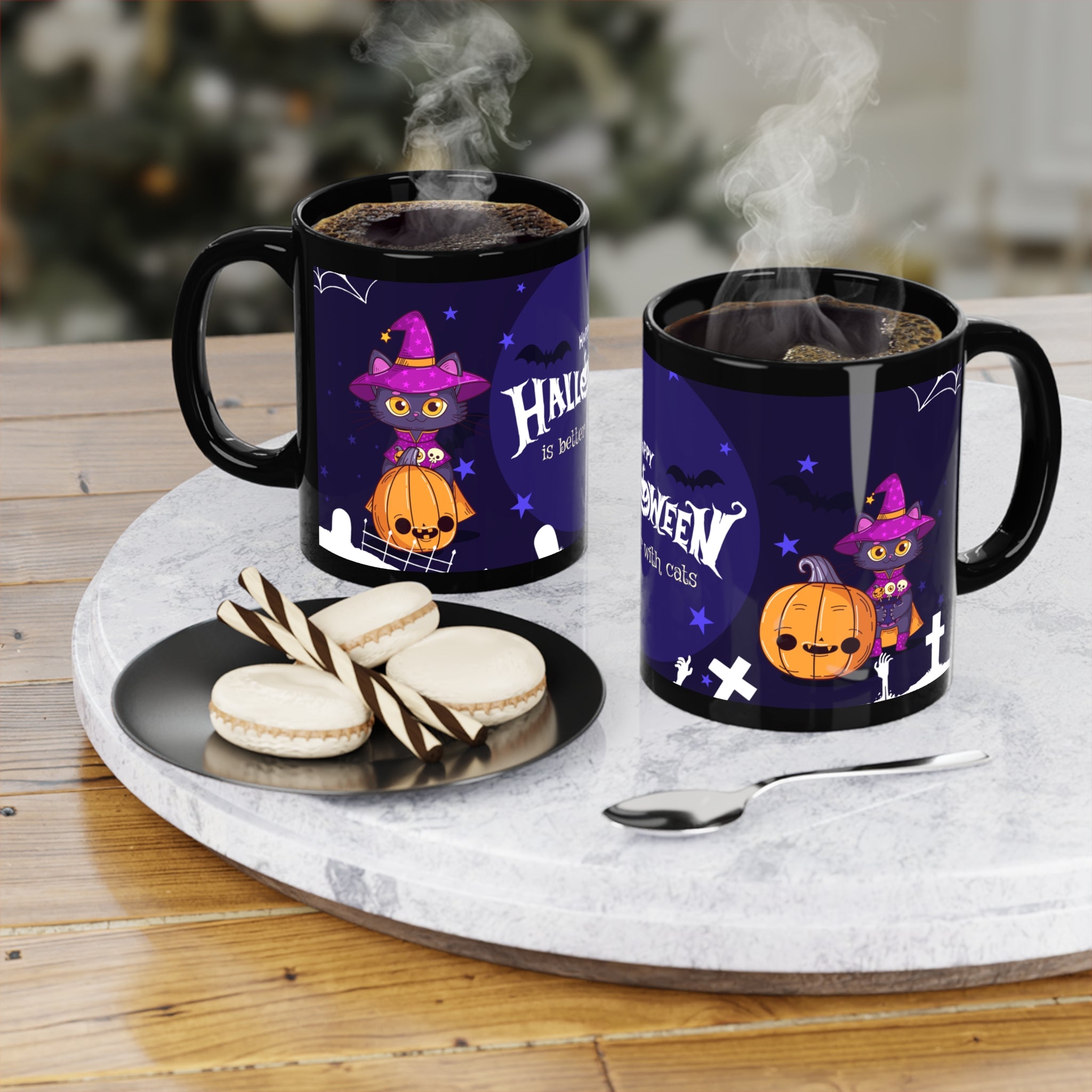 Happy Halloween with Witch's Cats | Black Coffee Mug