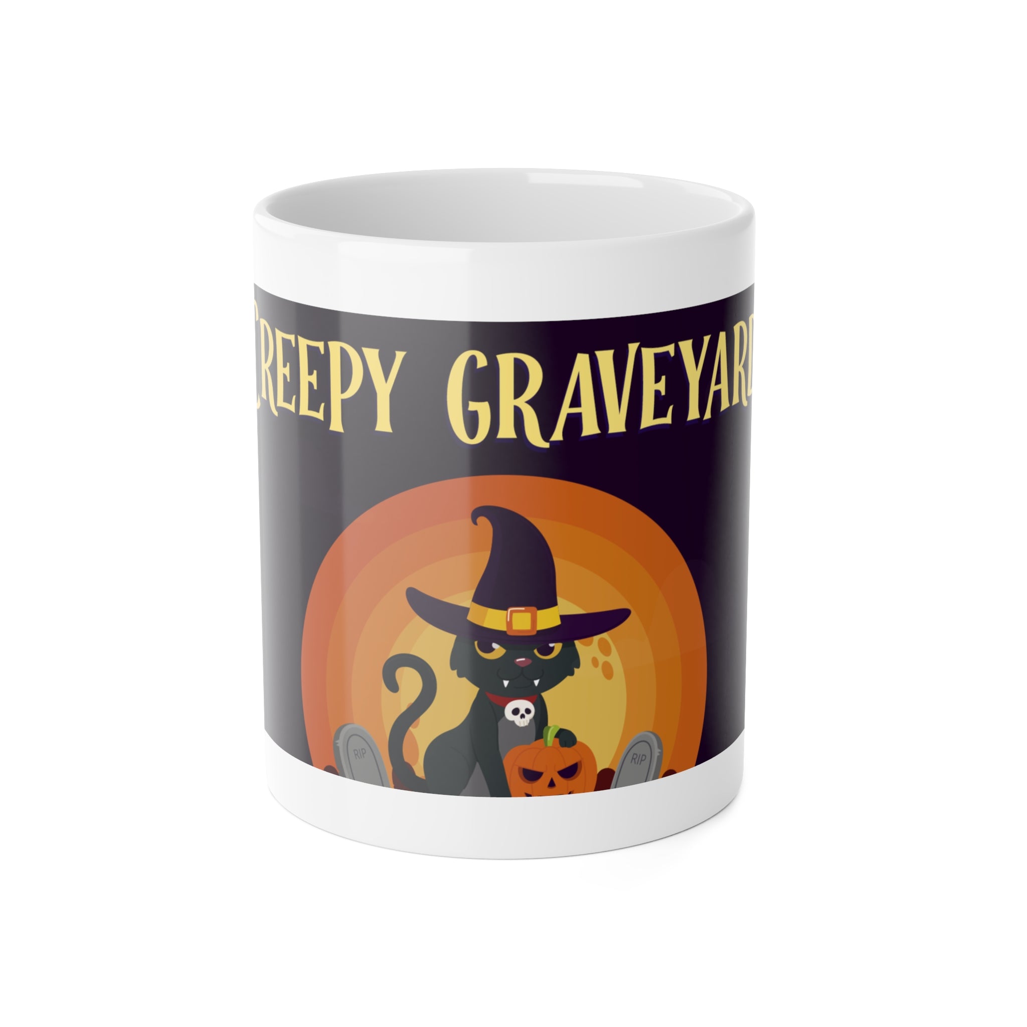 Creepy Graveyard Scene | Halloween Black Cat, Ghosts, and Pumpkins | White Ceramic Mug