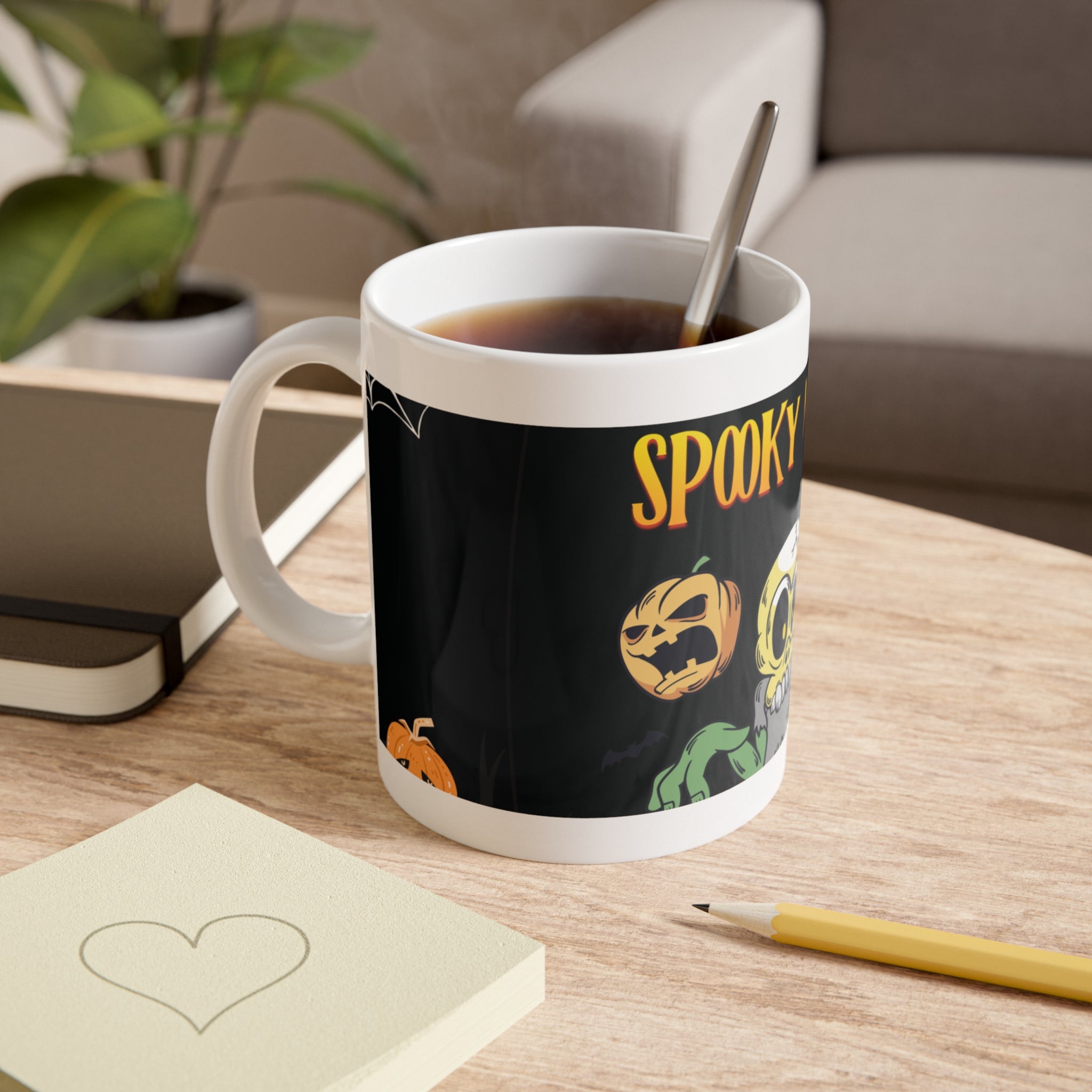 Spooky Night with Skeletons and Ghosts | Halloween Pumpkins and Bats | White Ceramic Mug