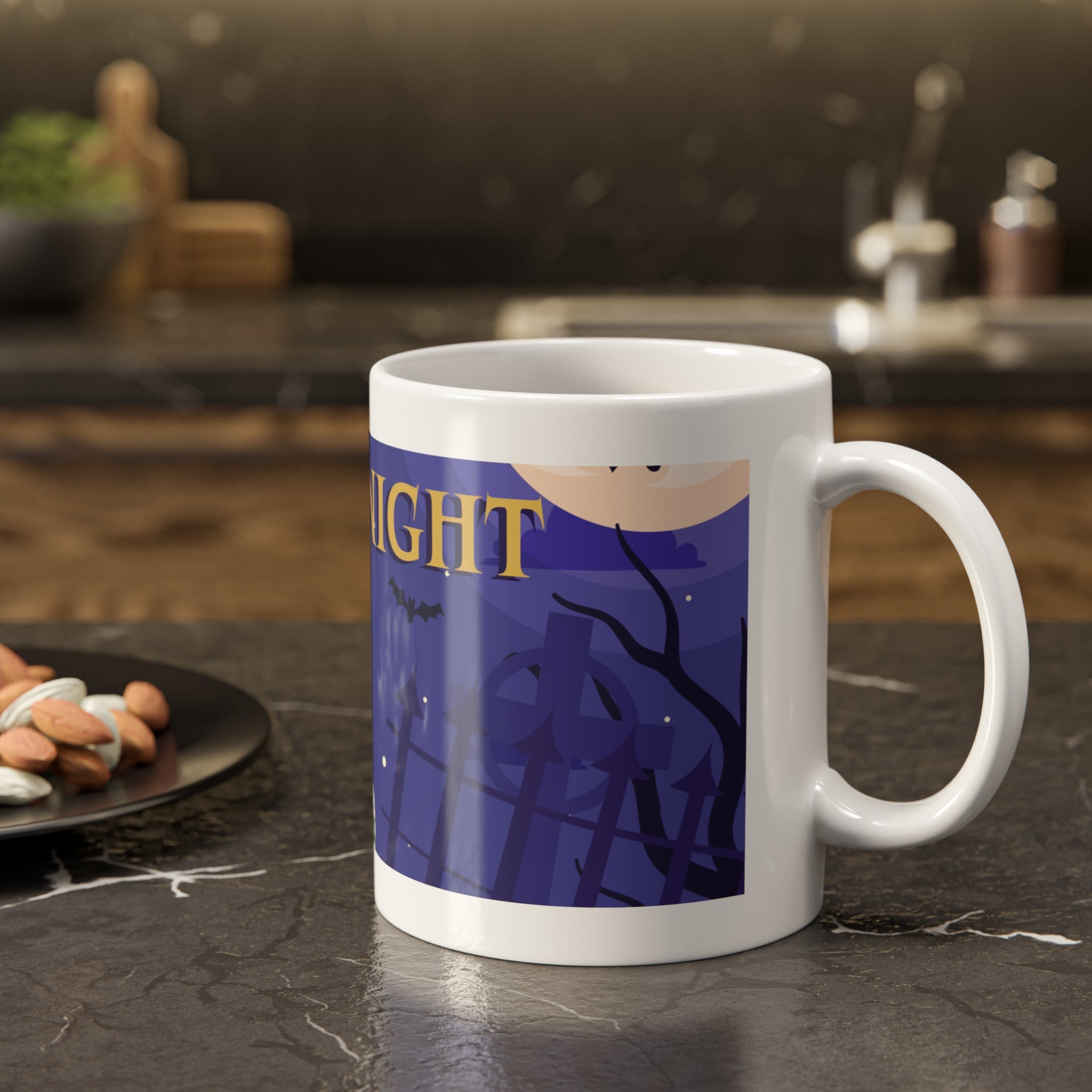 Spooky Night Mummy | Halloween Graveyard Scene with Full Moon | White Ceramic Mug