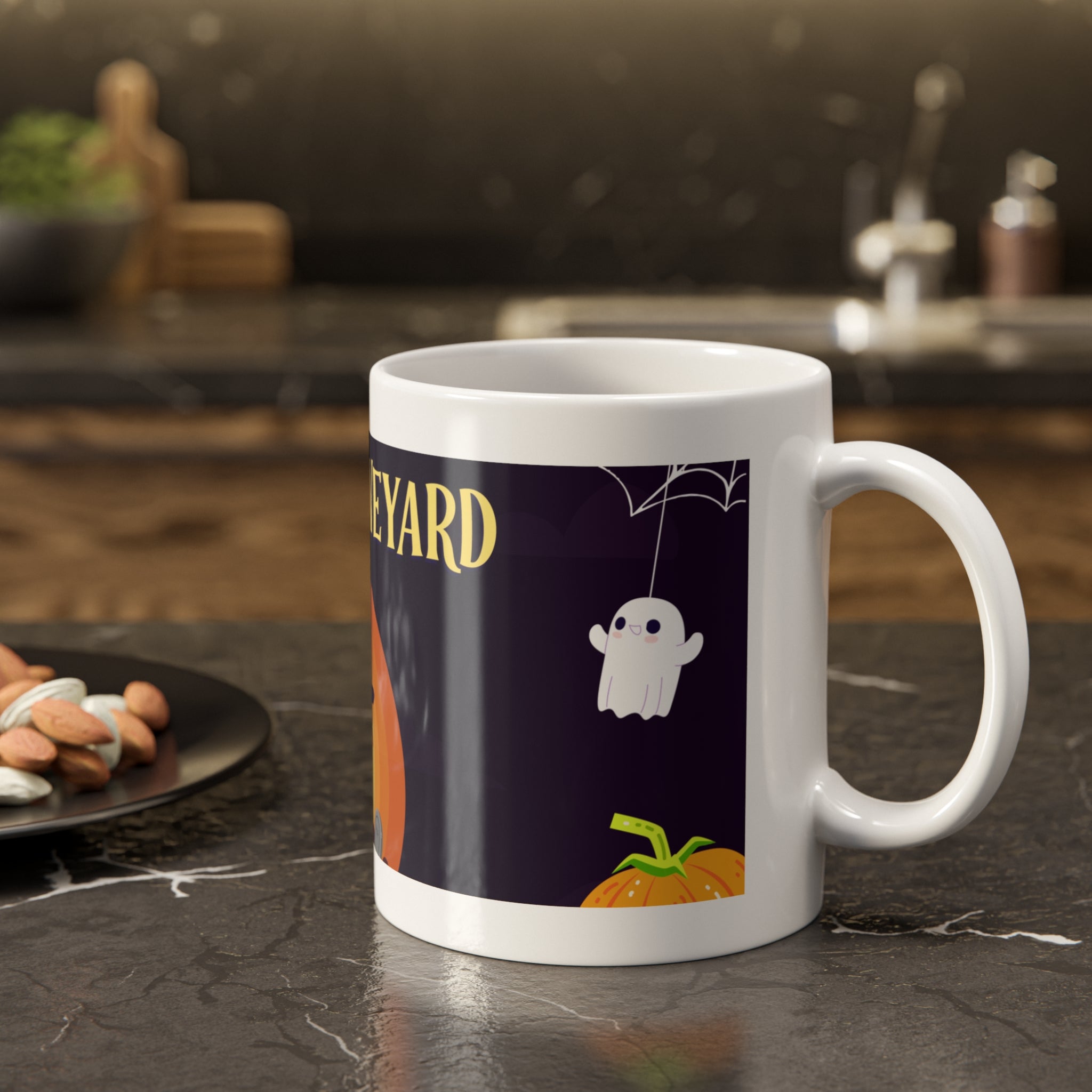 Creepy Graveyard Scene | Halloween Black Cat, Ghosts, and Pumpkins | White Ceramic Mug