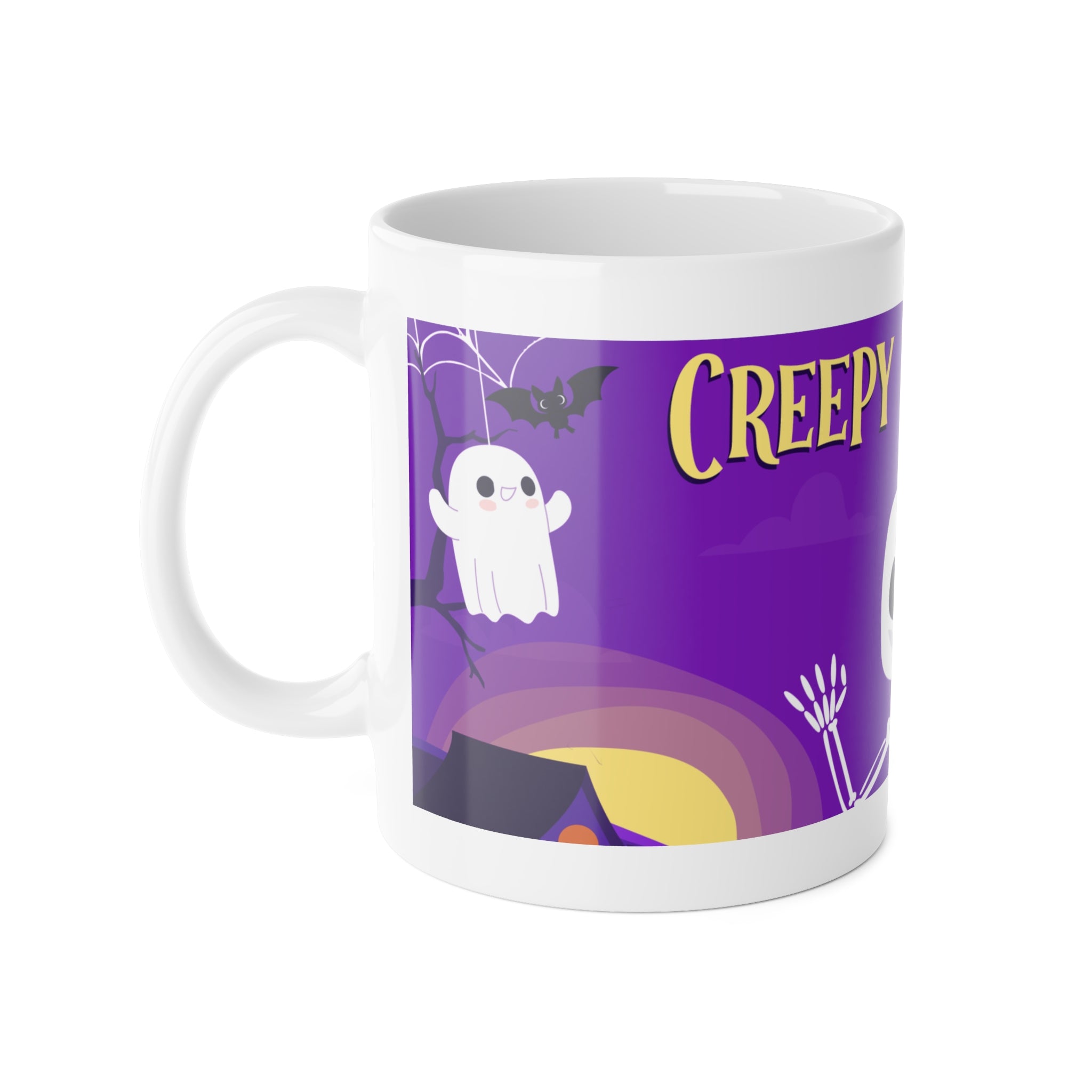 Creepy Skeletons in a Haunted Graveyard | Halloween Bats and Ghosts | White Ceramic Mug
