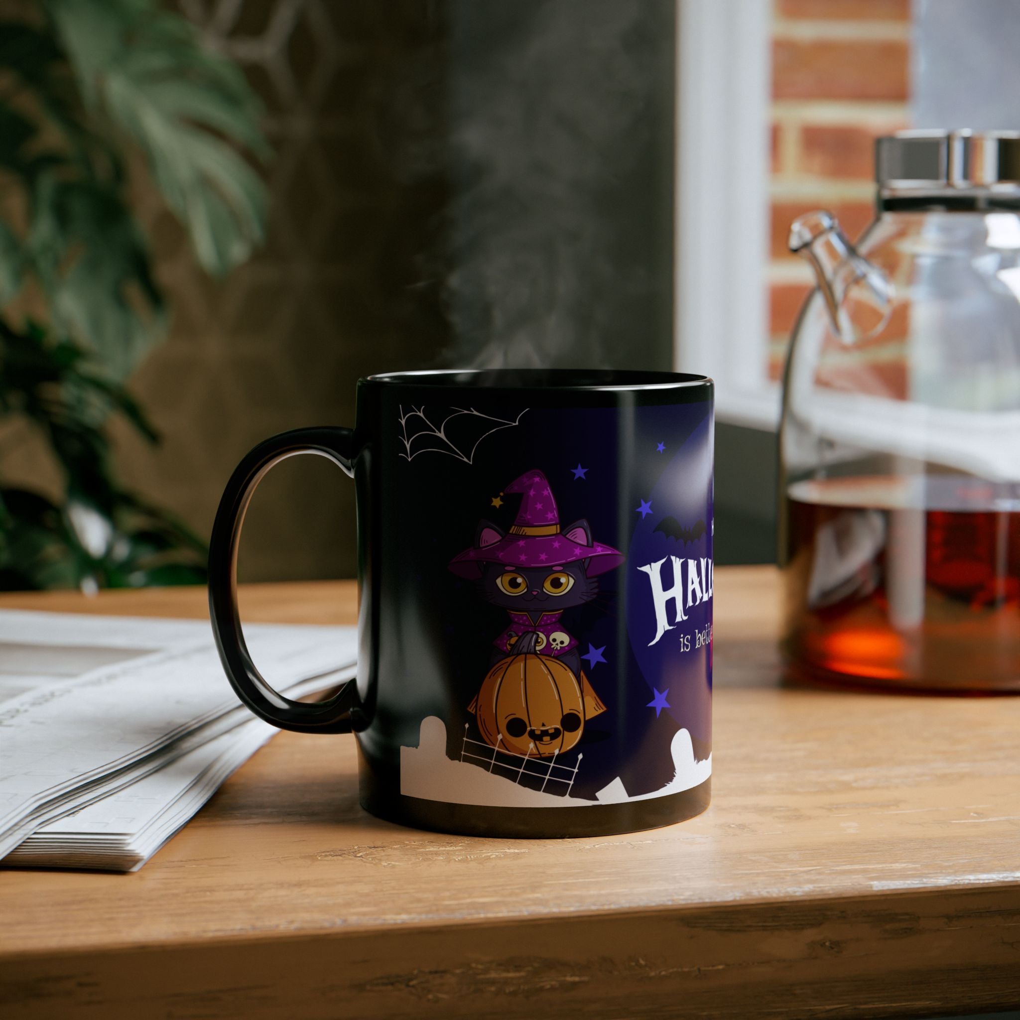 Happy Halloween with Witch's Cats | Black Mug