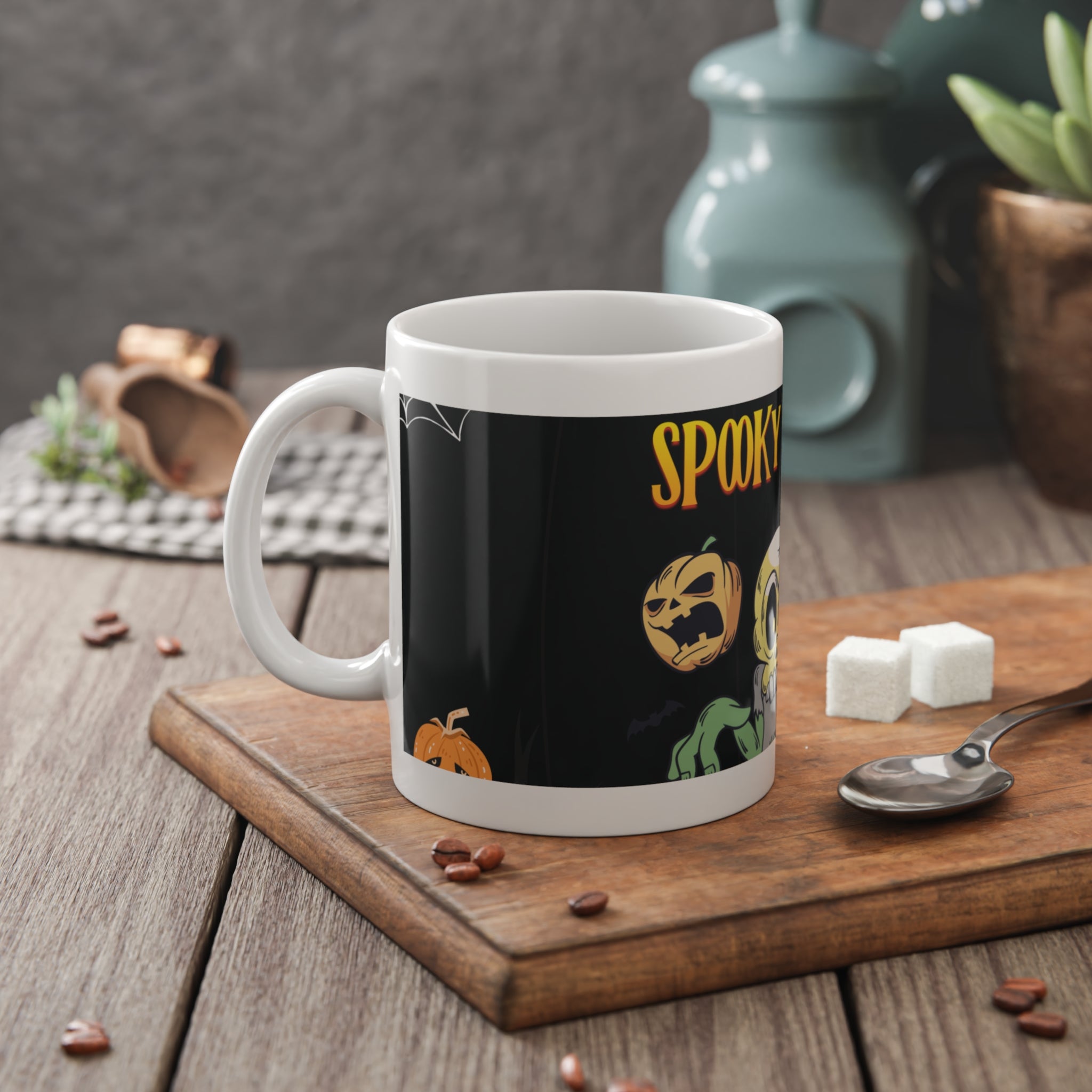 Spooky Night with Skeletons and Ghosts | Halloween Pumpkins and Bats | White Ceramic Mug