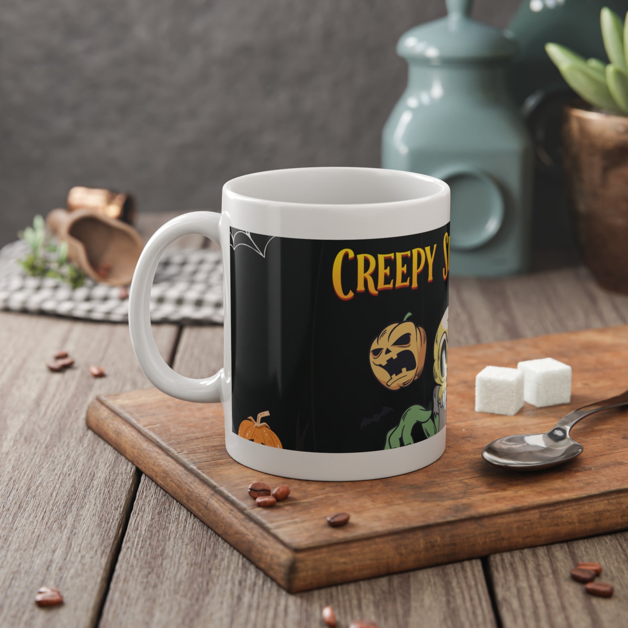 Creepy Skeletons and Ghosts | Spooky Halloween with Pumpkins | White Ceramic Mug