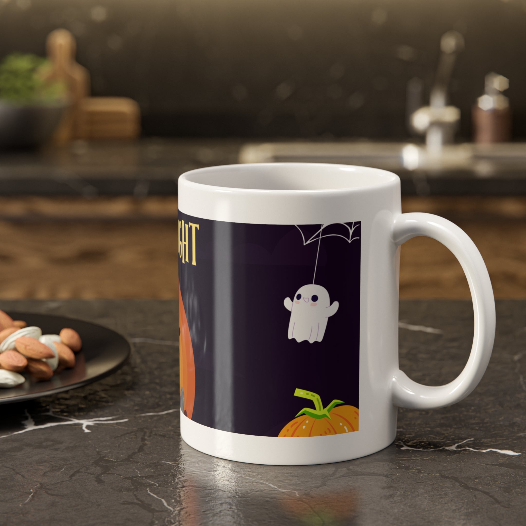 Spooky Night in a Creepy Graveyard | Halloween Black Cat, Ghosts, and Pumpkins | White Ceramic Mug