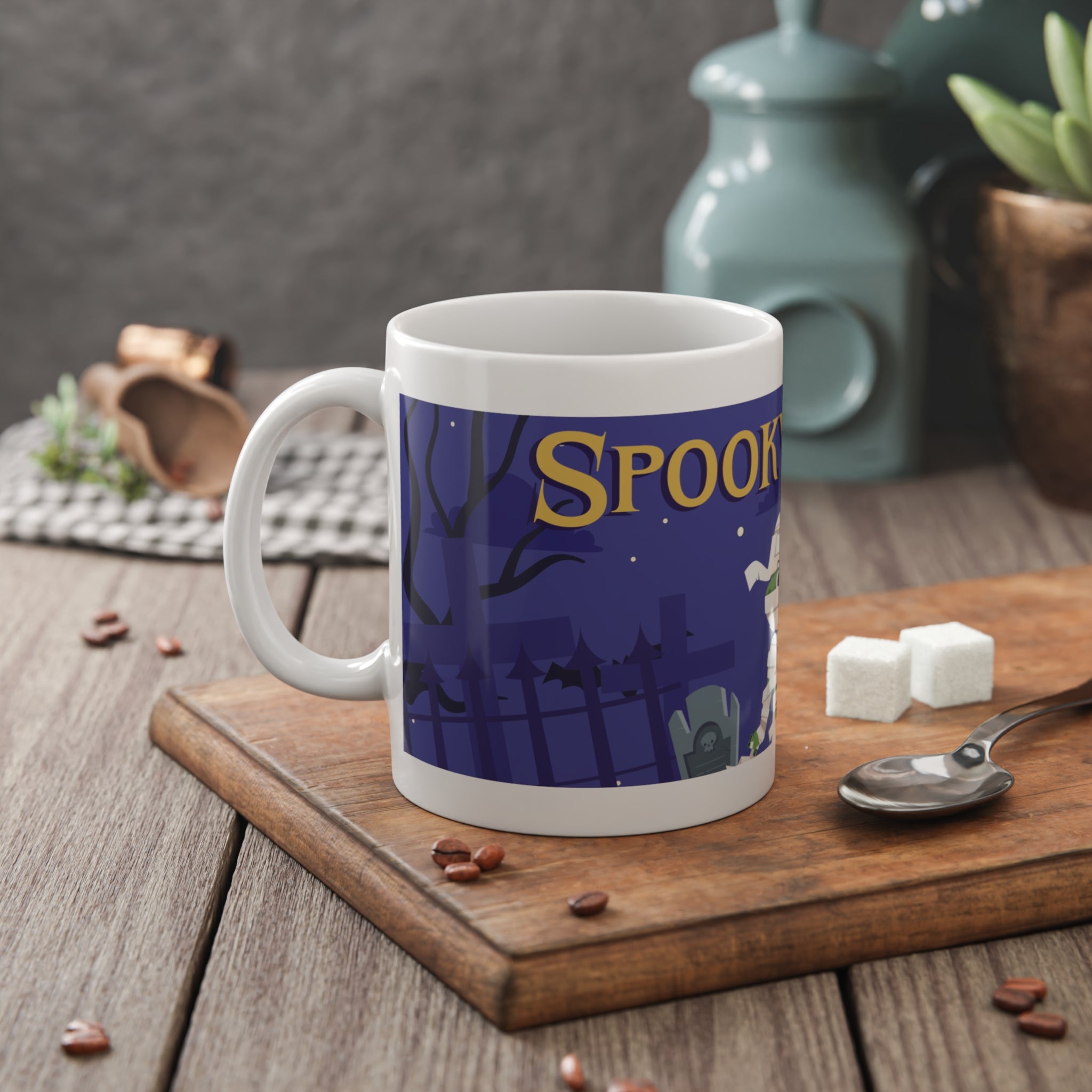 Spooky Night Mummy | Halloween Graveyard Scene with Full Moon | White Ceramic Mug