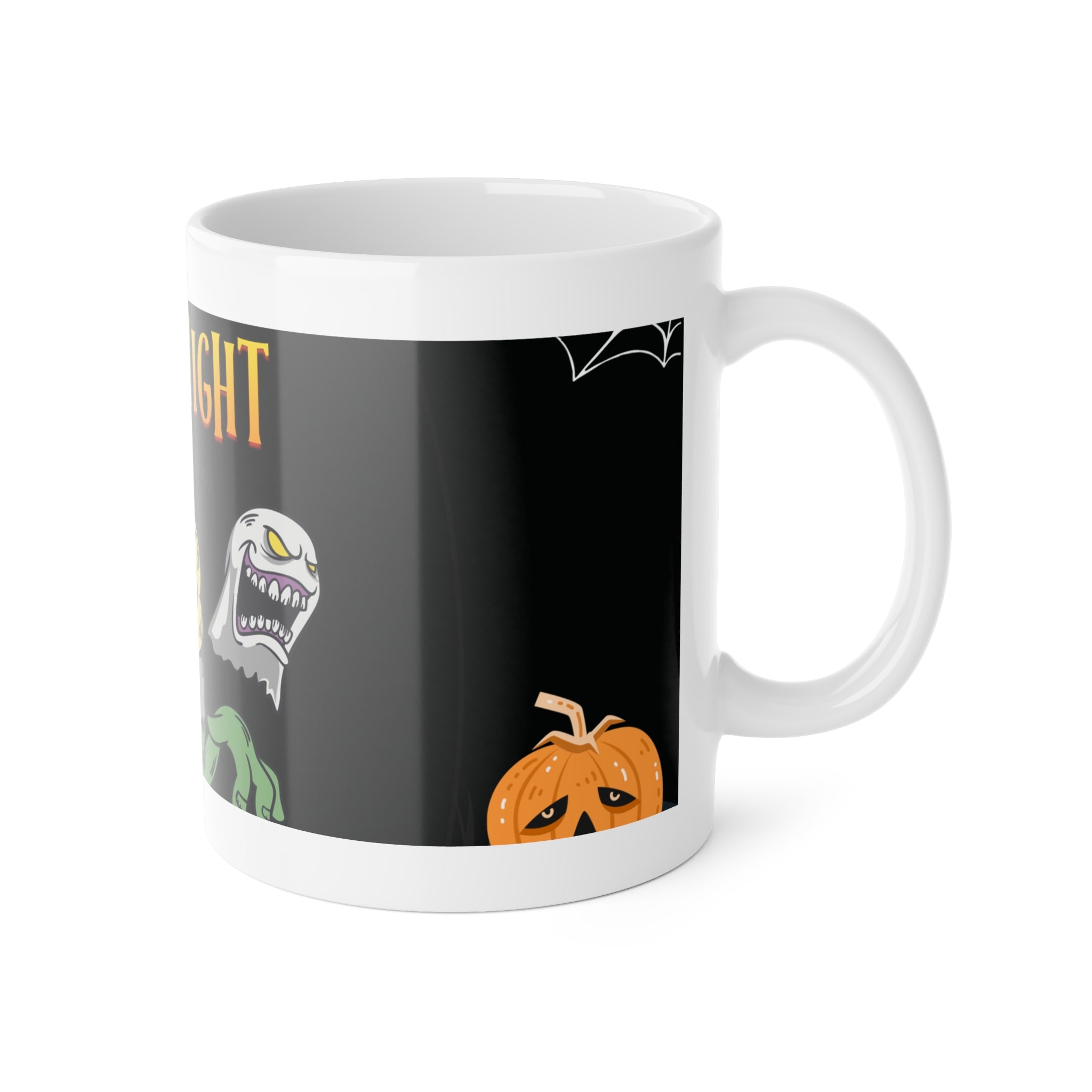 Spooky Night with Skeletons and Ghosts | Halloween Pumpkins and Bats | White Ceramic Mug