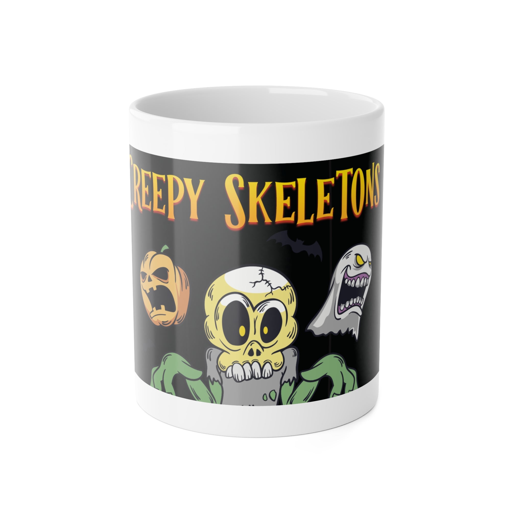 Creepy Skeletons and Ghosts | Spooky Halloween with Pumpkins | White Ceramic Mug